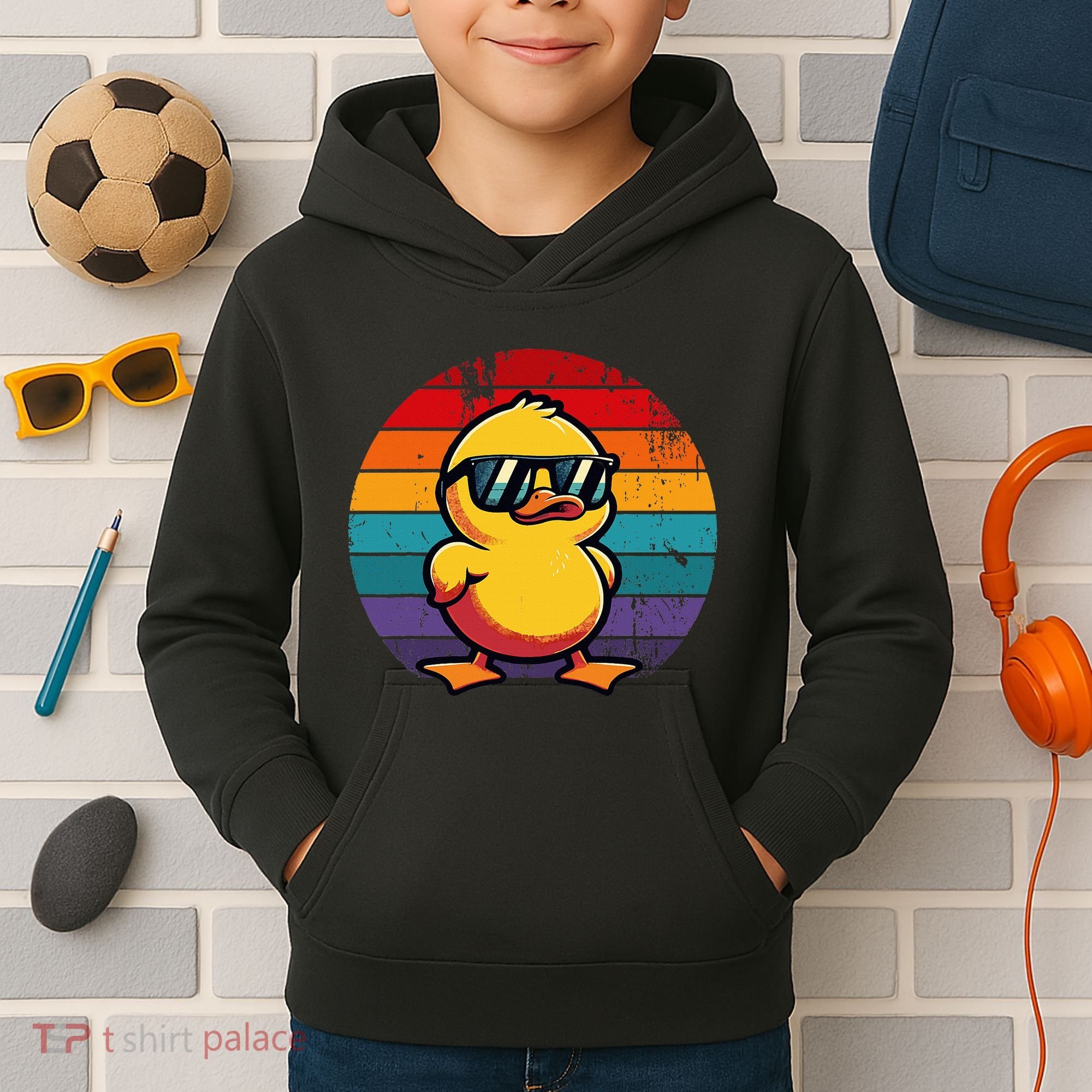 Cool Retro Yellow Duck In Sunglasses 70s 80s 90s Kids Hoodie