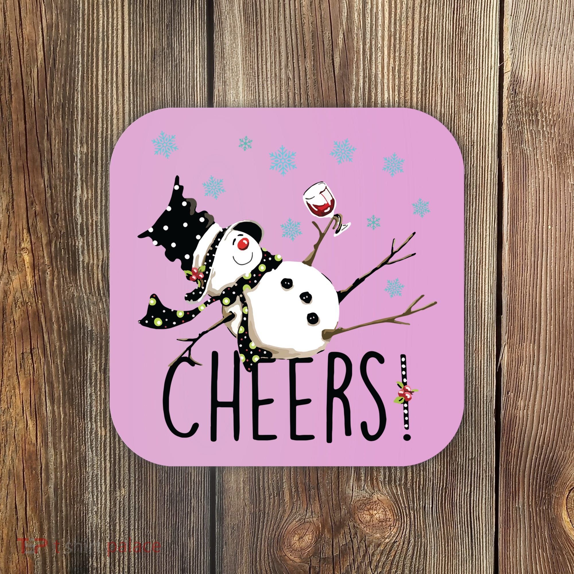 Cheers Snowman And Wine Christmas Coaster