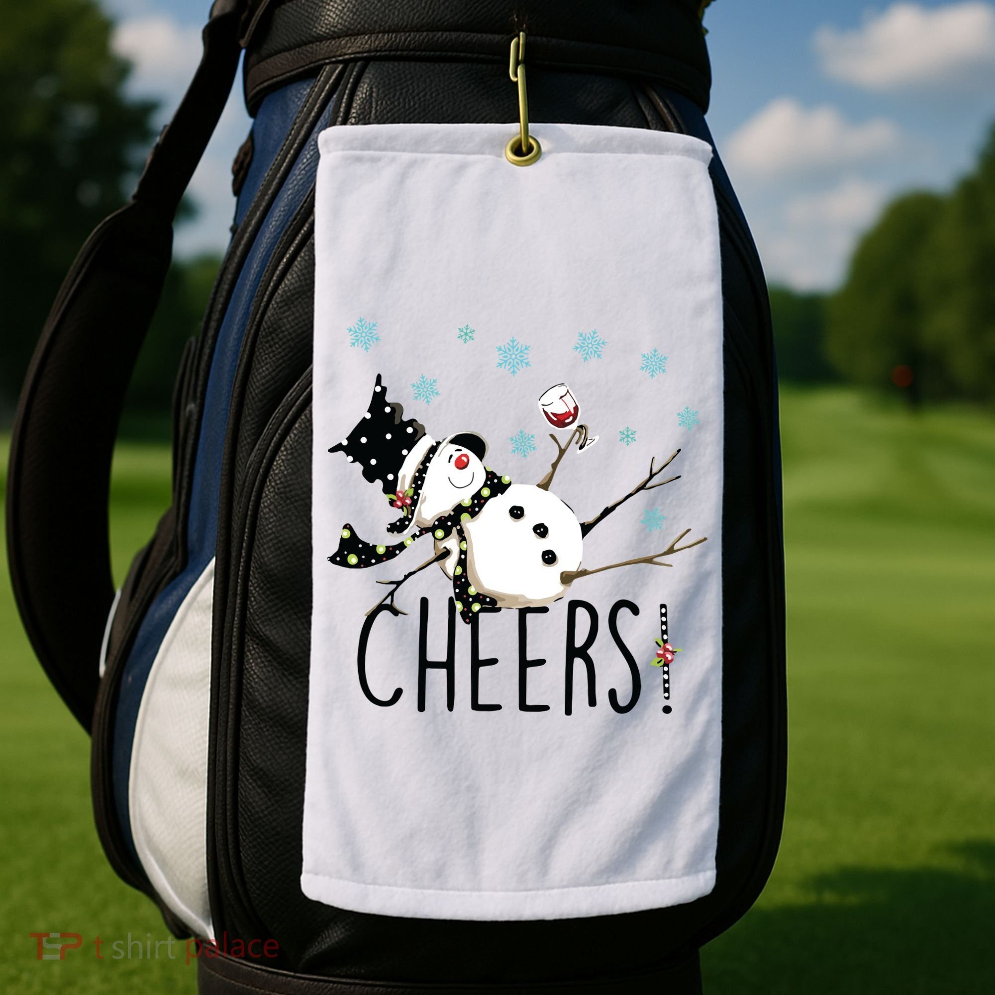 Cheers Snowman And Wine Christmas Golf Towel
