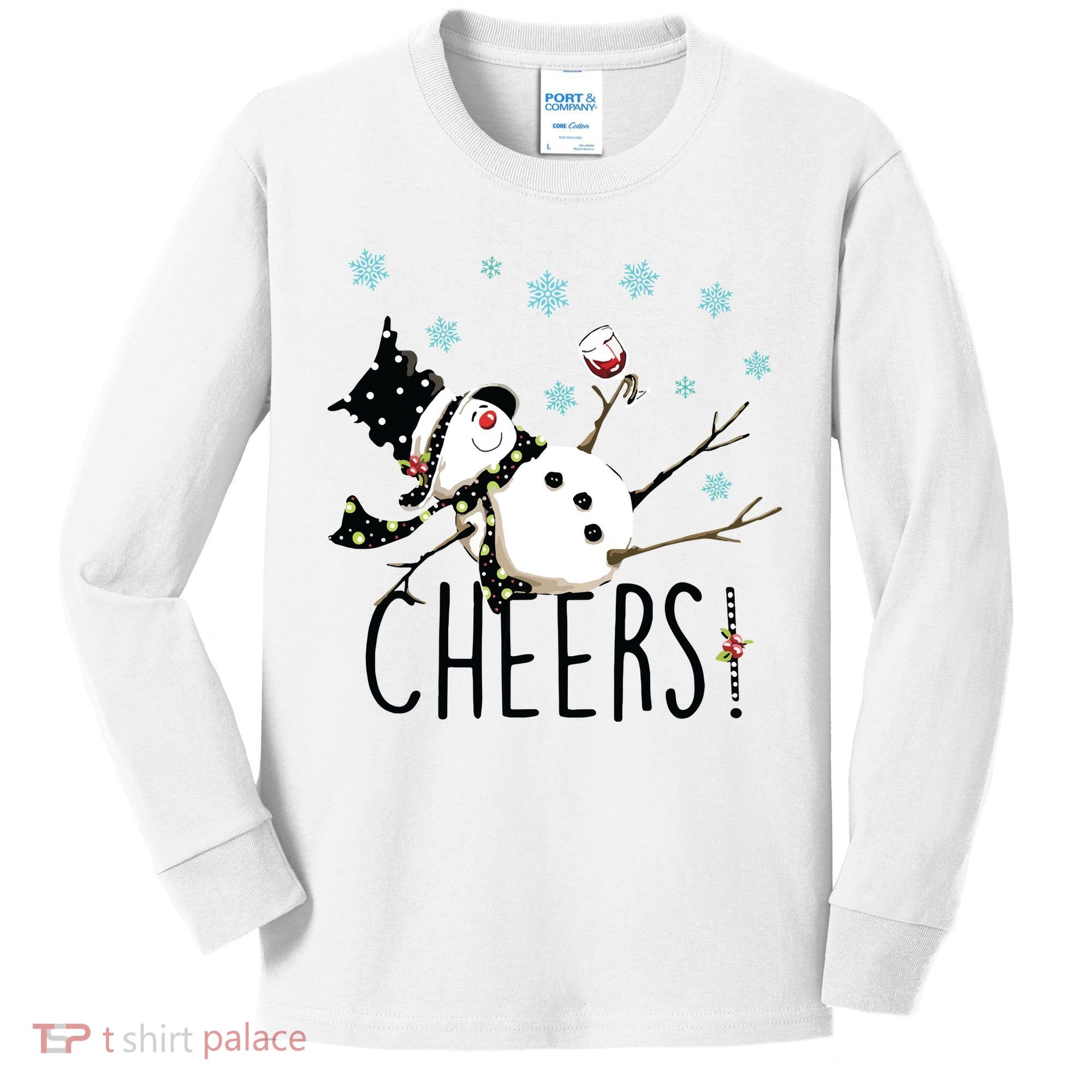 Cheers Snowman And Wine Christmas Kids Long Sleeve Shirt