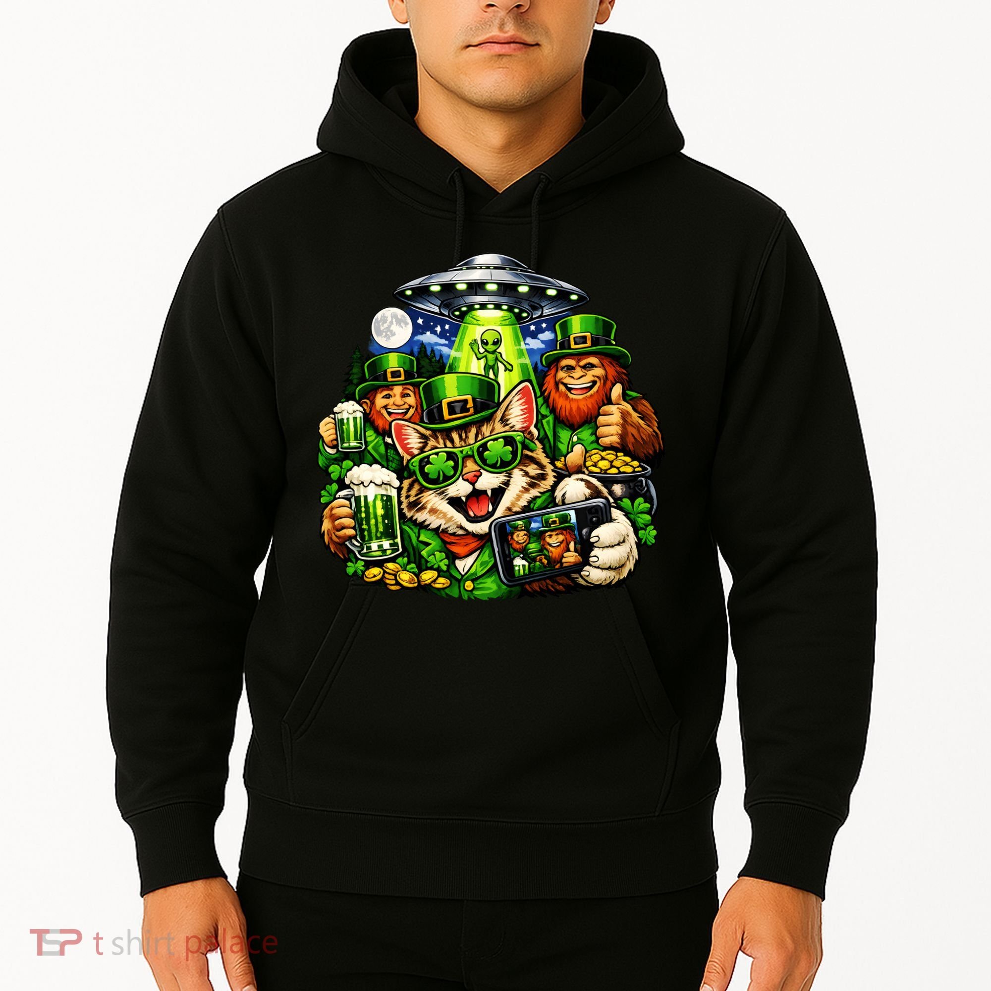 Cat Selfie Alien Leprechaun Bigfoot UFO St Patricks Day Hoodie