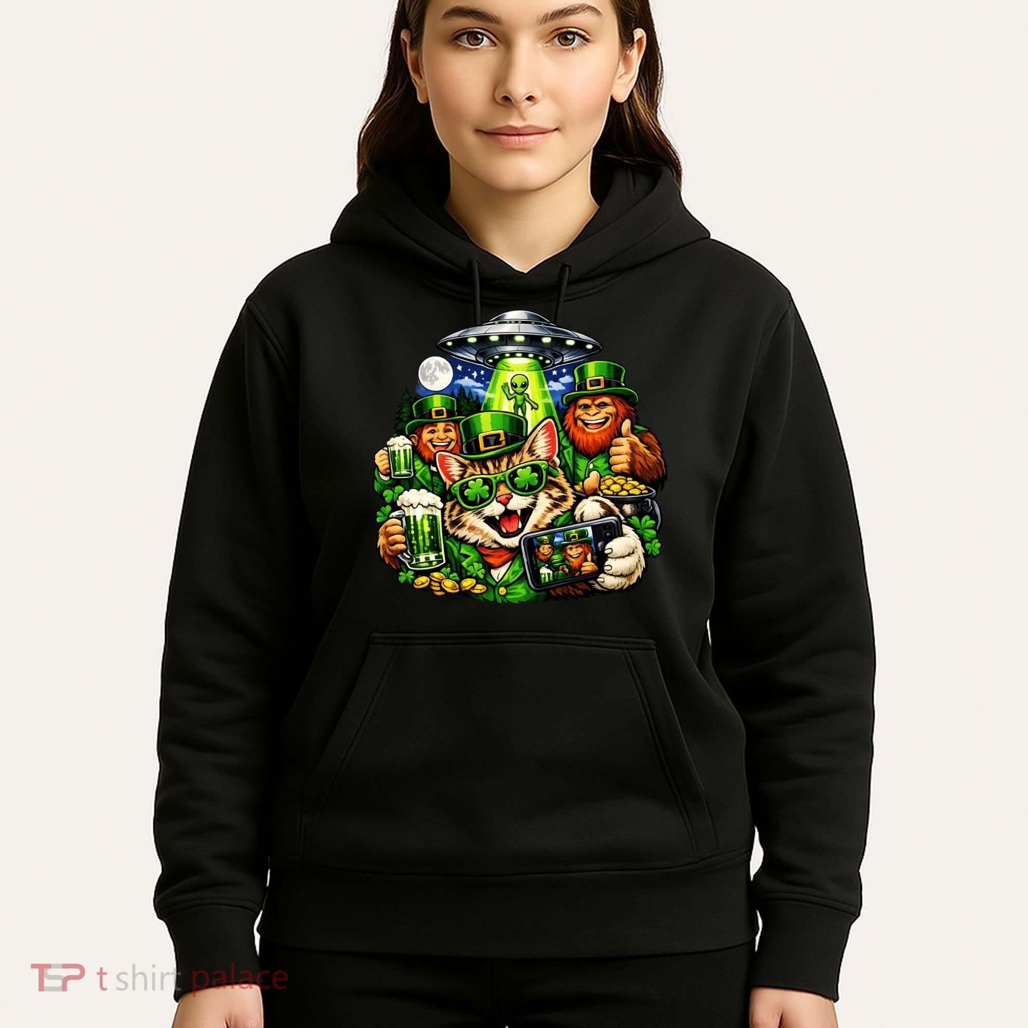 Cat Selfie Alien Leprechaun Bigfoot UFO St Patricks Day Hoodie