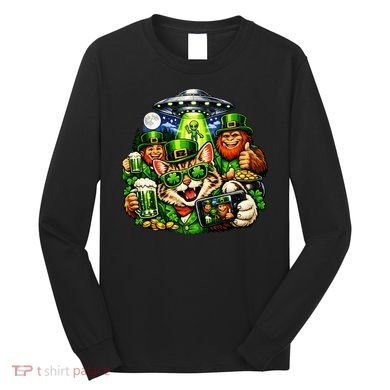 Cat Selfie Alien Leprechaun Bigfoot UFO St Patricks Day Long Sleeve Shirt