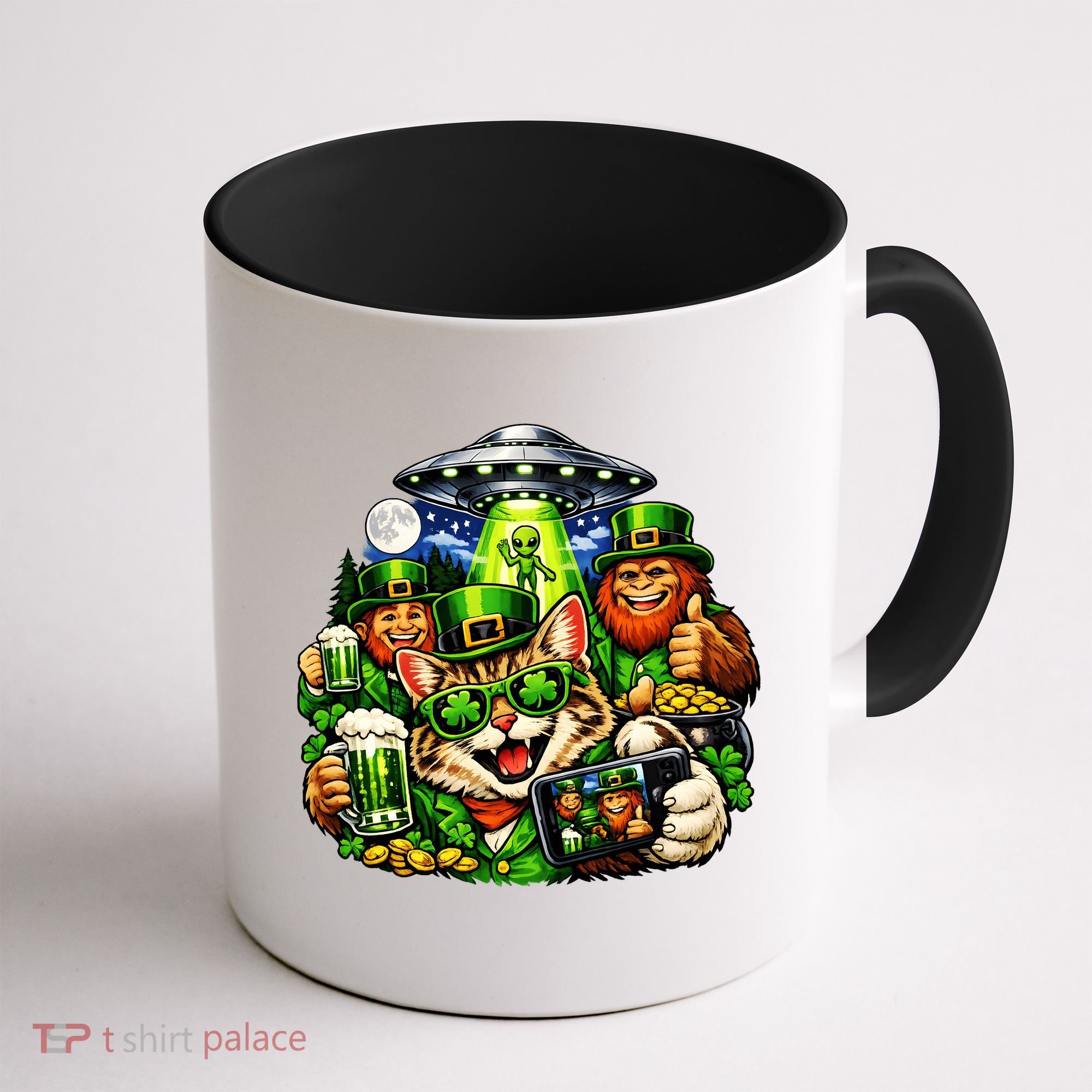 Cat Selfie Alien Leprechaun Bigfoot UFO St Patricks Day Coffee Mug