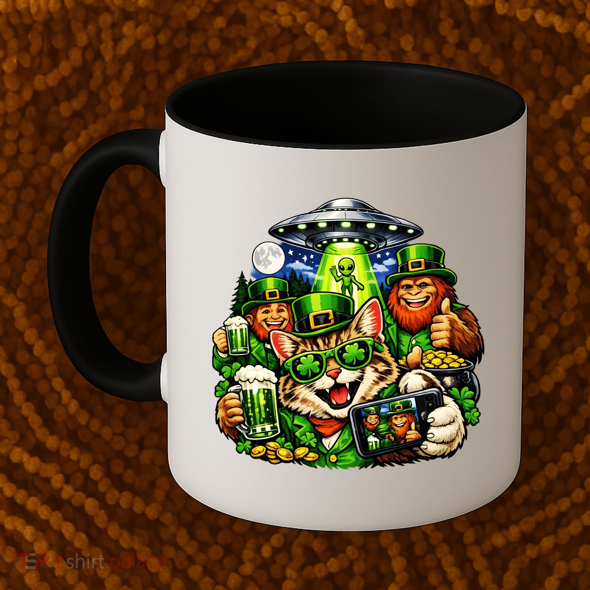 Cat Selfie Alien Leprechaun Bigfoot UFO St Patricks Day Coffee Mug