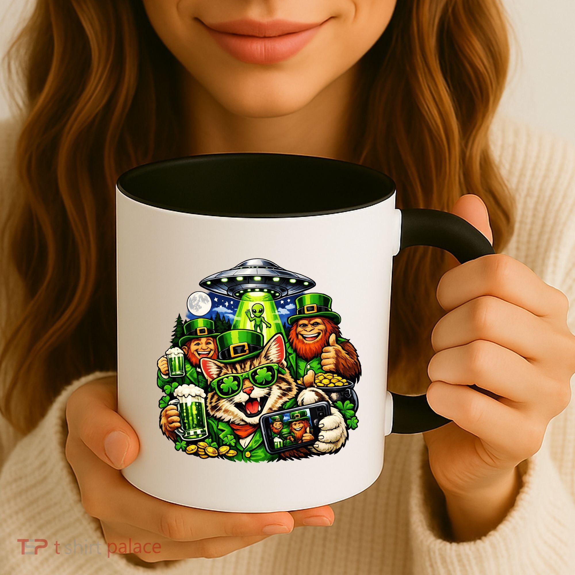 Cat Selfie Alien Leprechaun Bigfoot UFO St Patricks Day Coffee Mug
