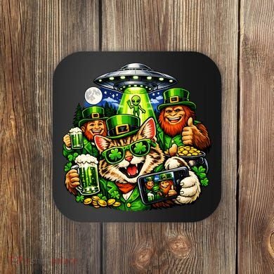 Cat Selfie Alien Leprechaun Bigfoot UFO St Patricks Day Coaster