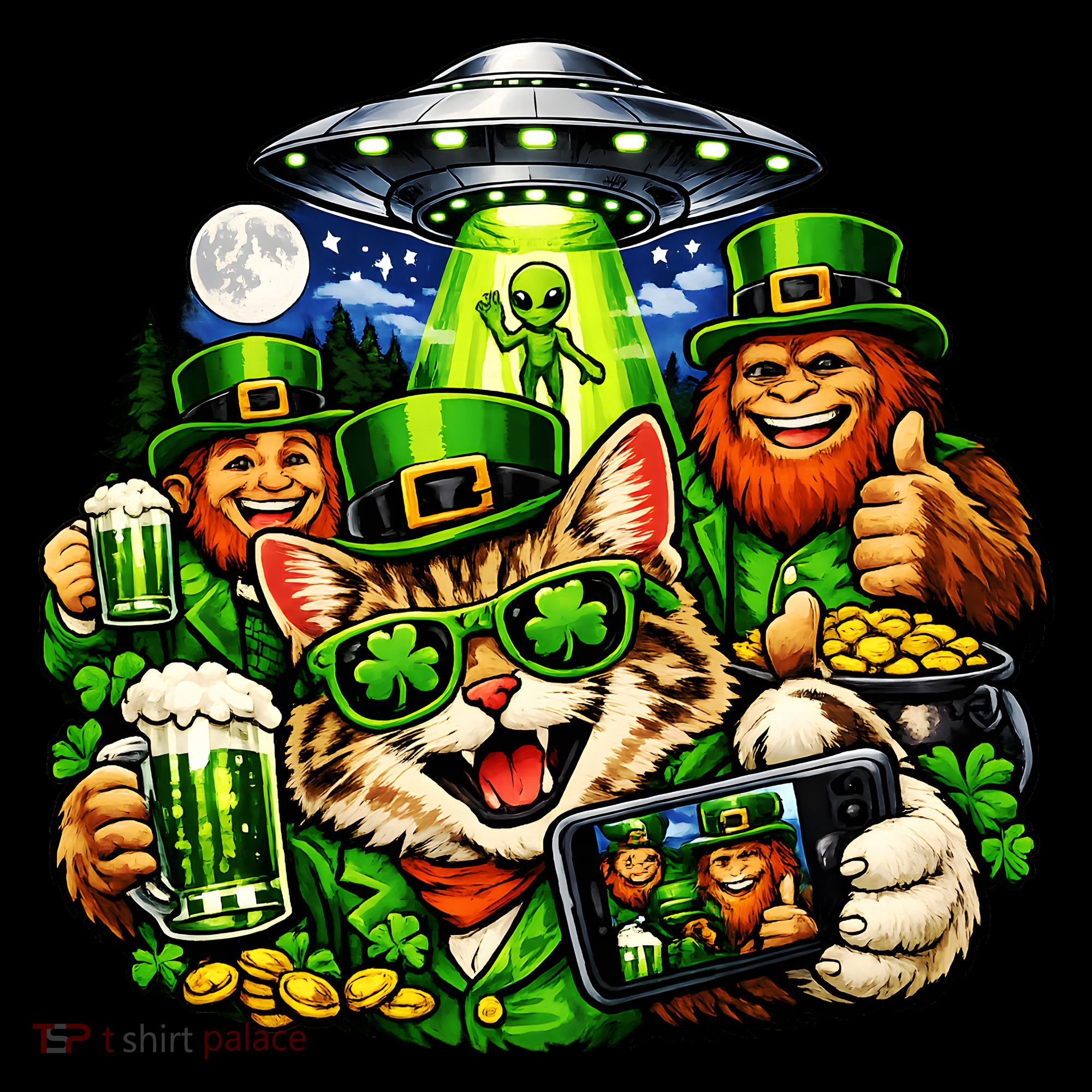 Cat Selfie Alien Leprechaun Bigfoot UFO St Patricks Day Women's Hoodie