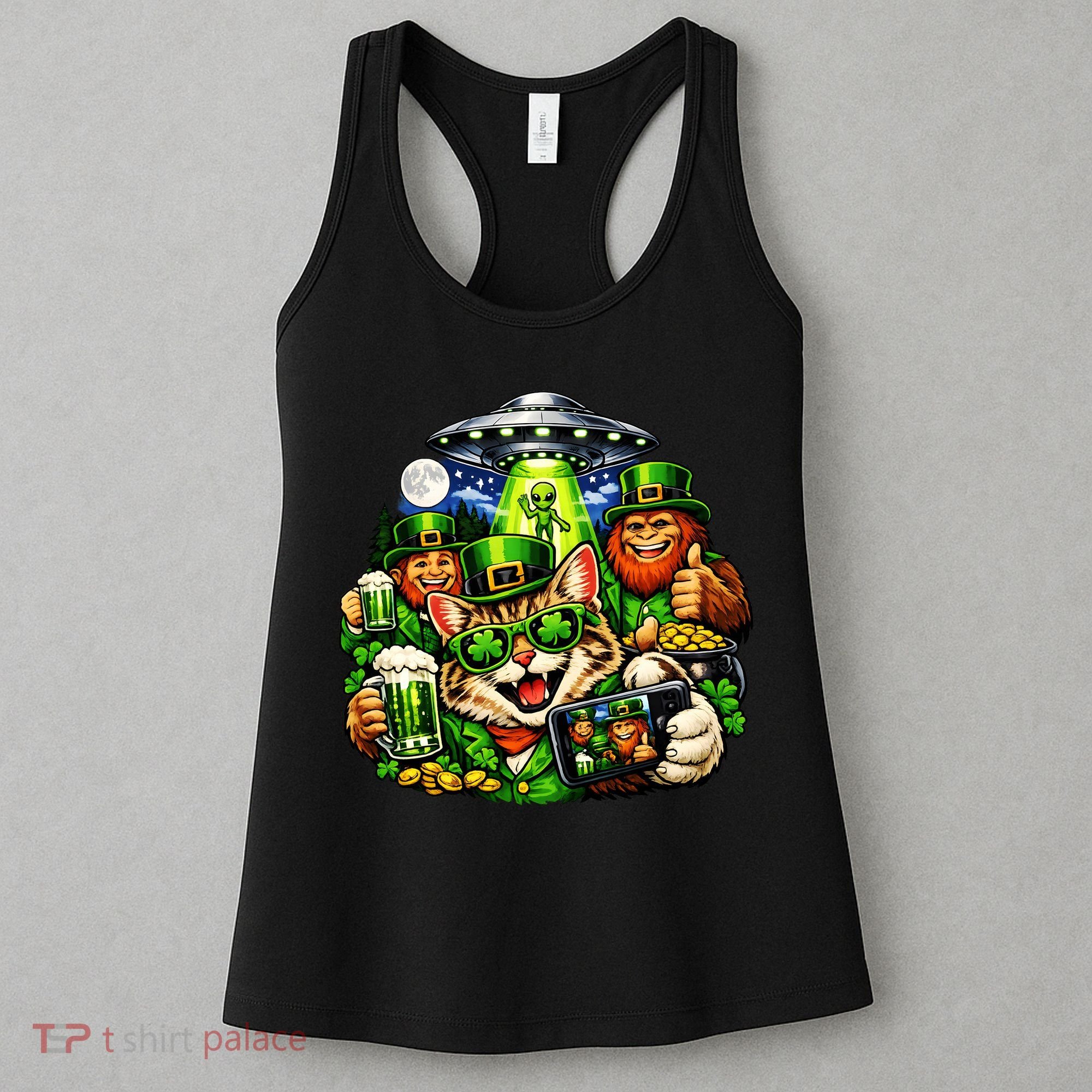 Cat Selfie Alien Leprechaun Bigfoot UFO St Patricks Day Women's Tank Top