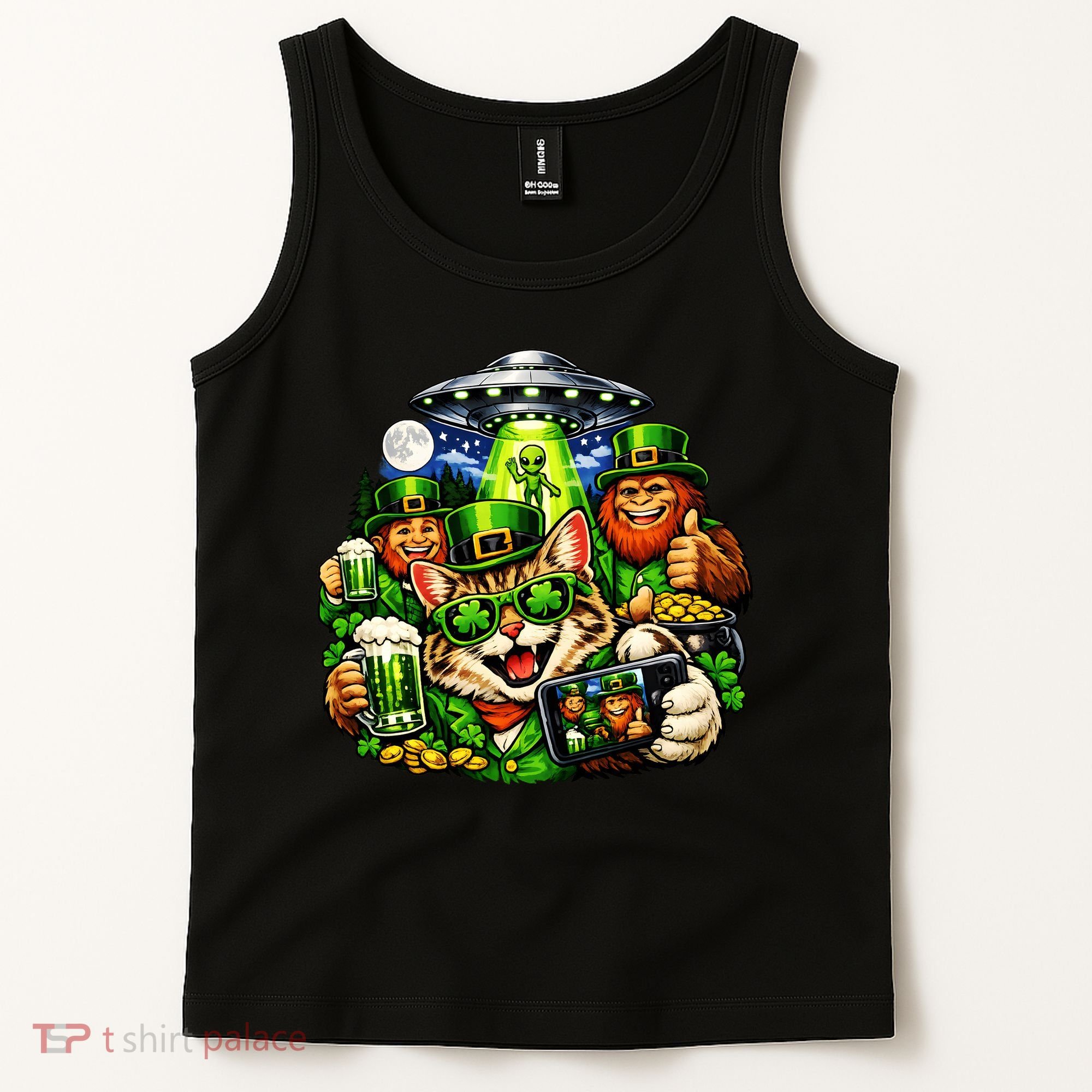 Cat Selfie Alien Leprechaun Bigfoot UFO St Patricks Day Tank Top
