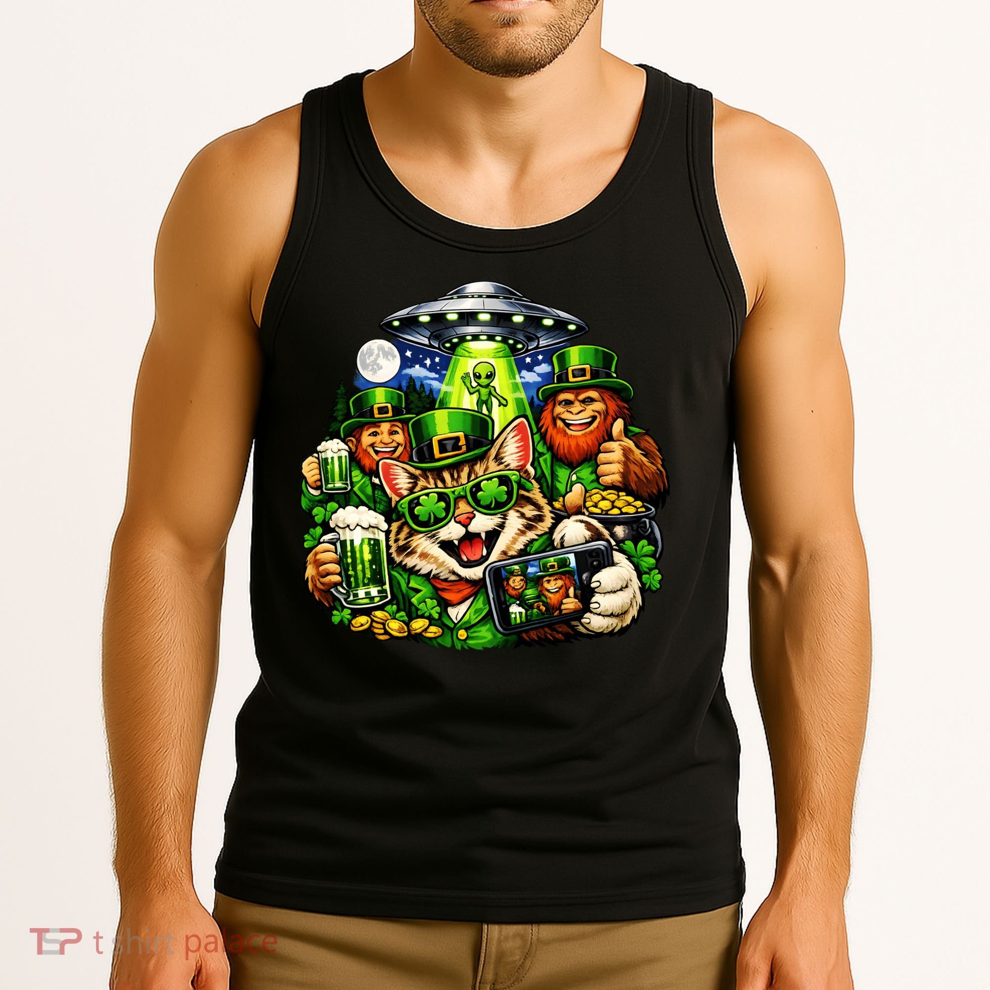 Cat Selfie Alien Leprechaun Bigfoot UFO St Patricks Day Tank Top