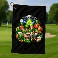 Cat Selfie Alien Leprechaun Bigfoot UFO St Patricks Day Golf Towel thumb 1
