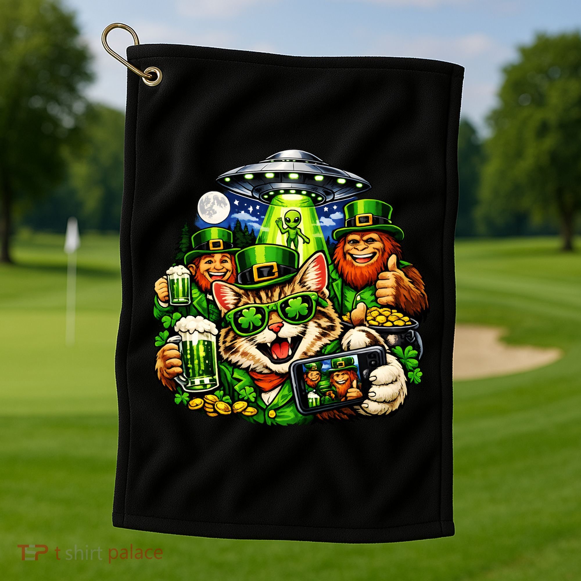 Cat Selfie Alien Leprechaun Bigfoot UFO St Patricks Day Golf Towel