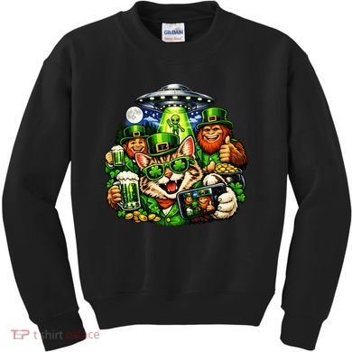 Cat Selfie Alien Leprechaun Bigfoot UFO St Patricks Day Kids Sweatshirt