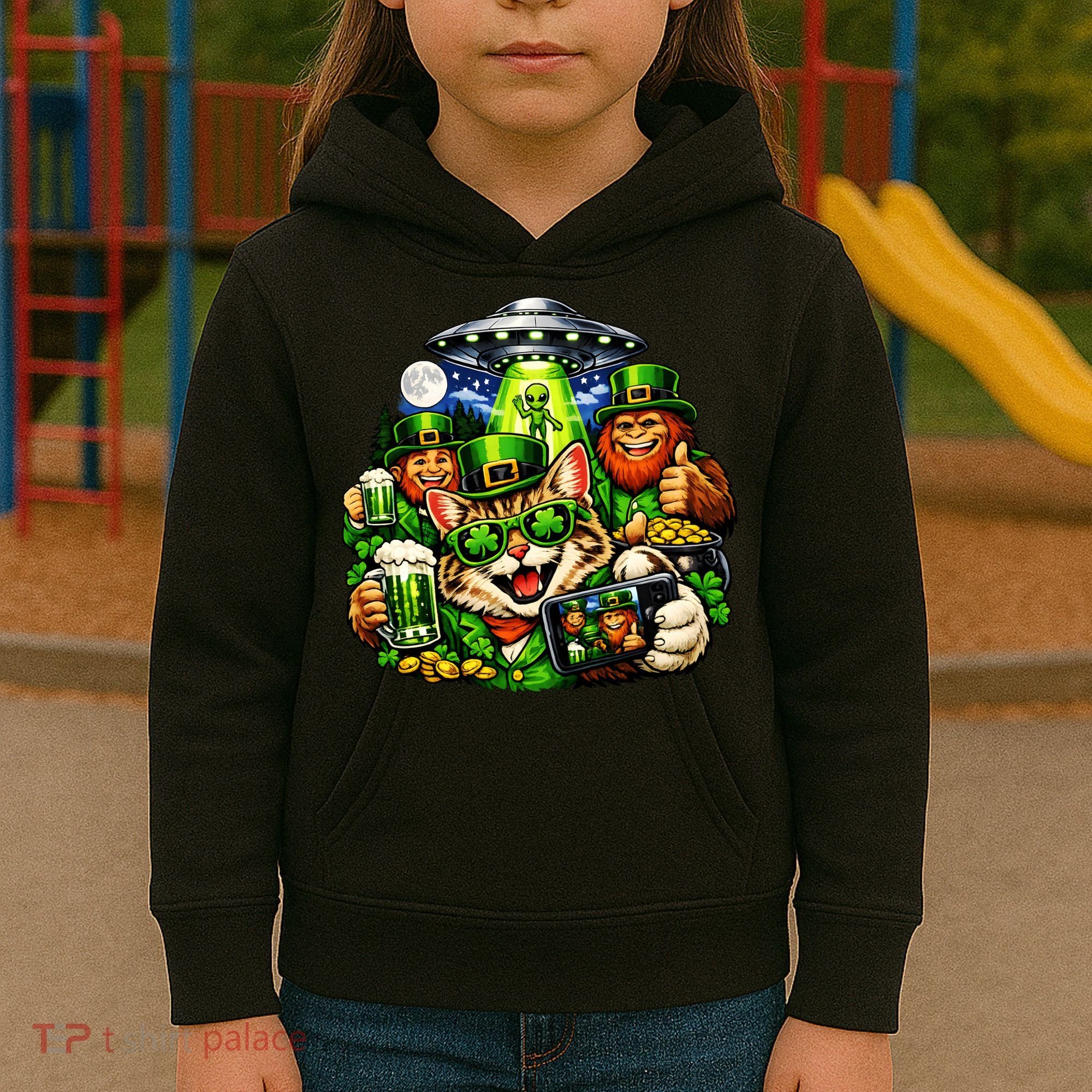 Cat Selfie Alien Leprechaun Bigfoot UFO St Patricks Day Kids Hoodie