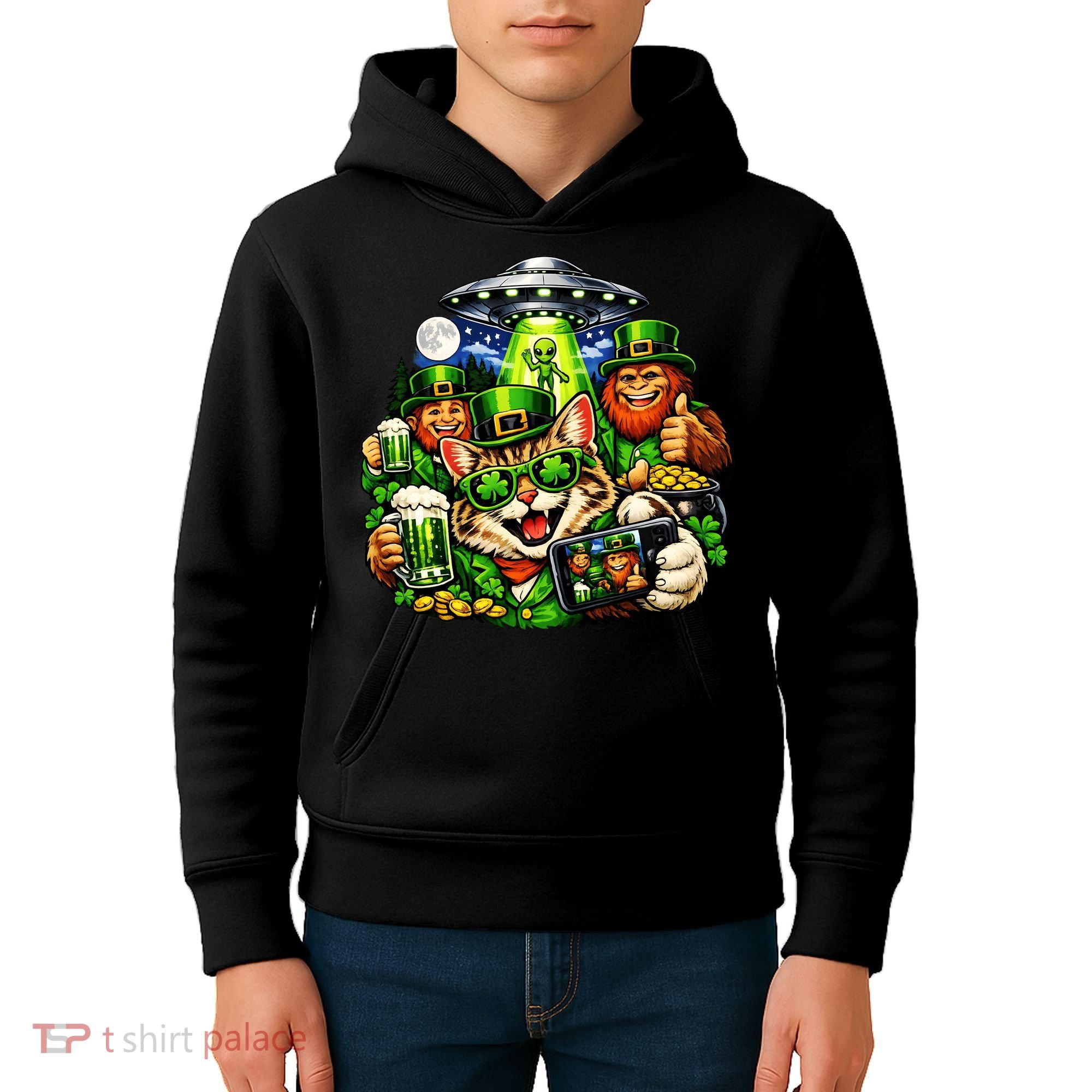 Cat Selfie Alien Leprechaun Bigfoot UFO St Patricks Day Kids Hoodie