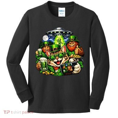 Cat Selfie Alien Leprechaun Bigfoot UFO St Patricks Day Kids Long Sleeve Shirt