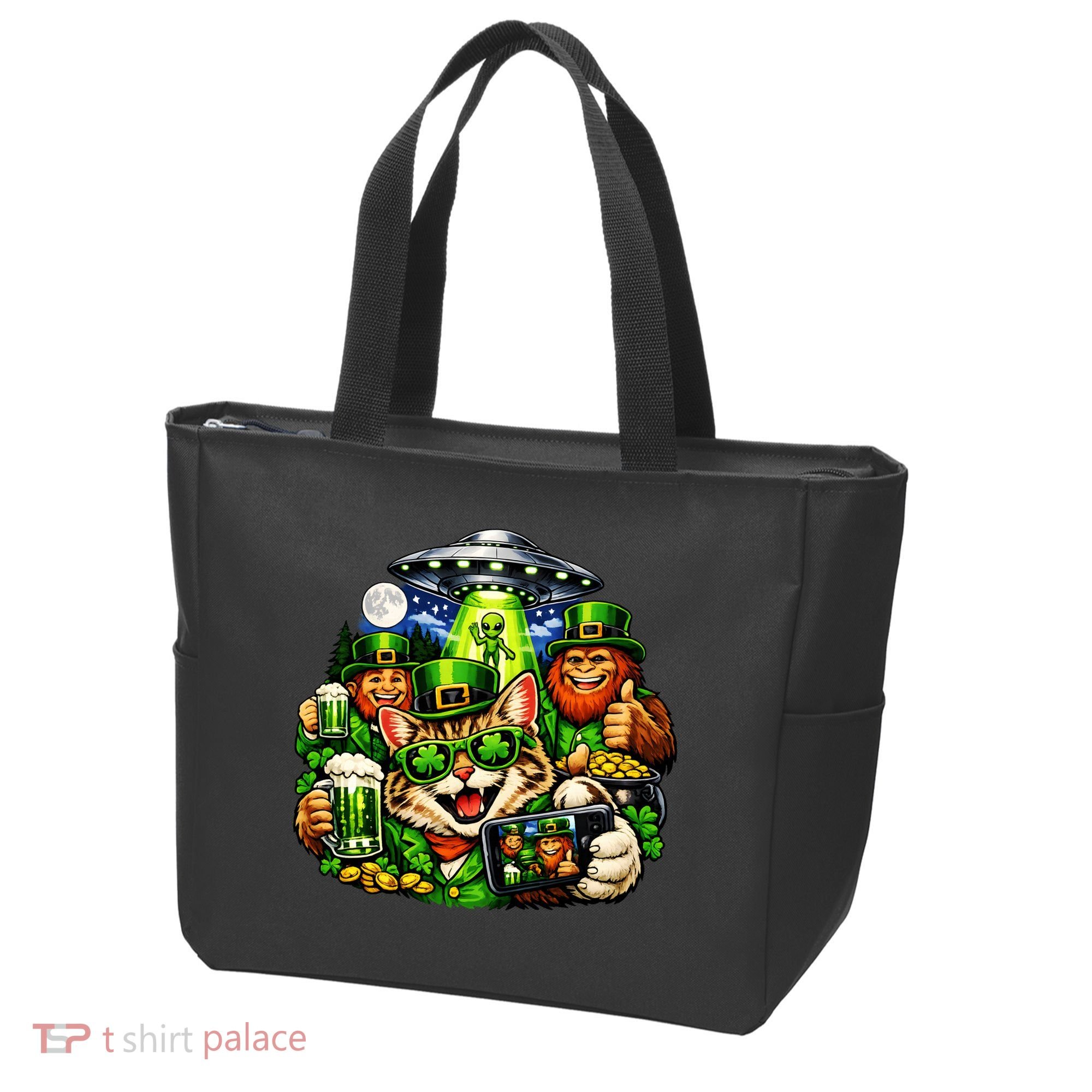 Cat Selfie Alien Leprechaun Bigfoot UFO St Patricks Day Tote Bag