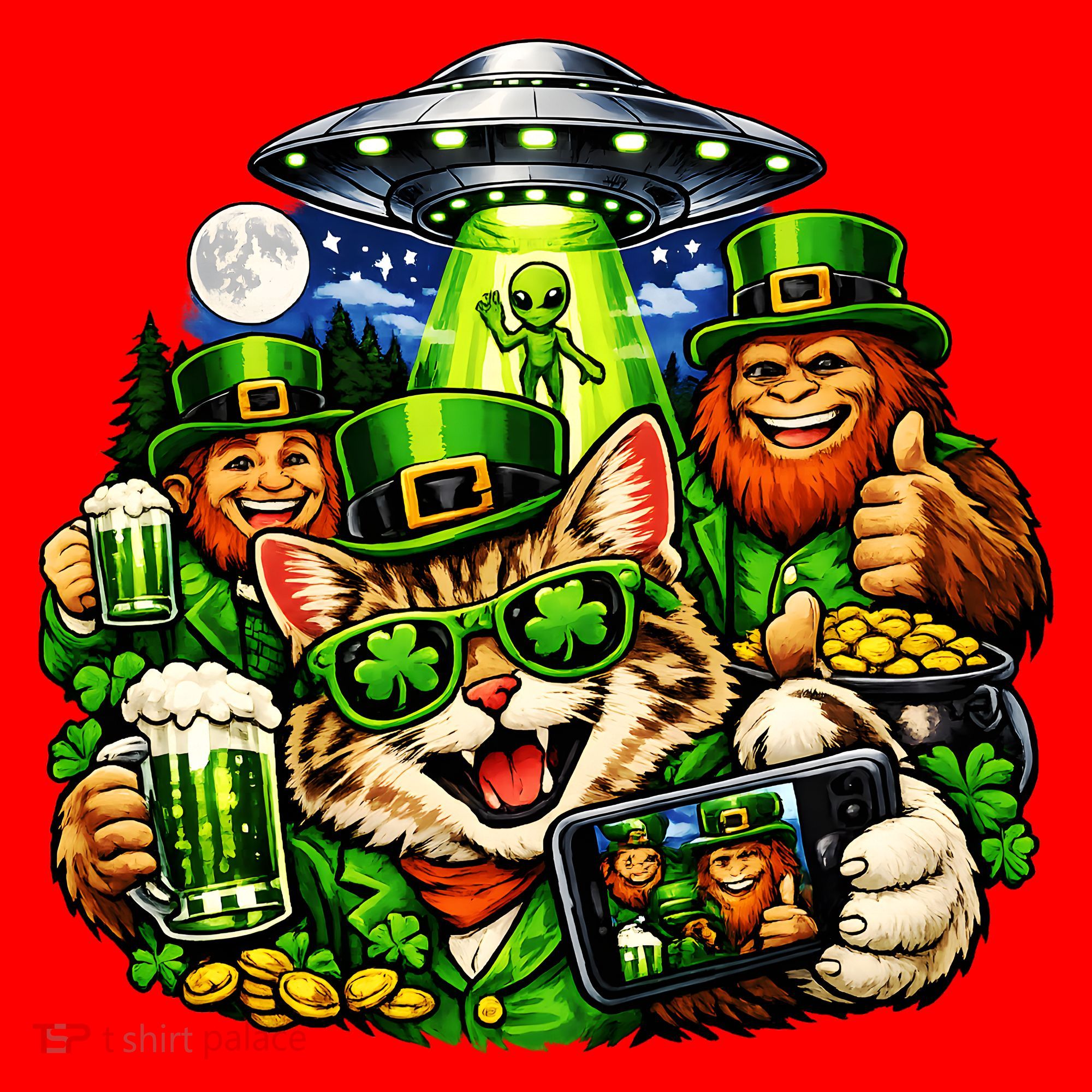 Cat Selfie Alien Leprechaun Bigfoot UFO St Patricks Day Santa Hat