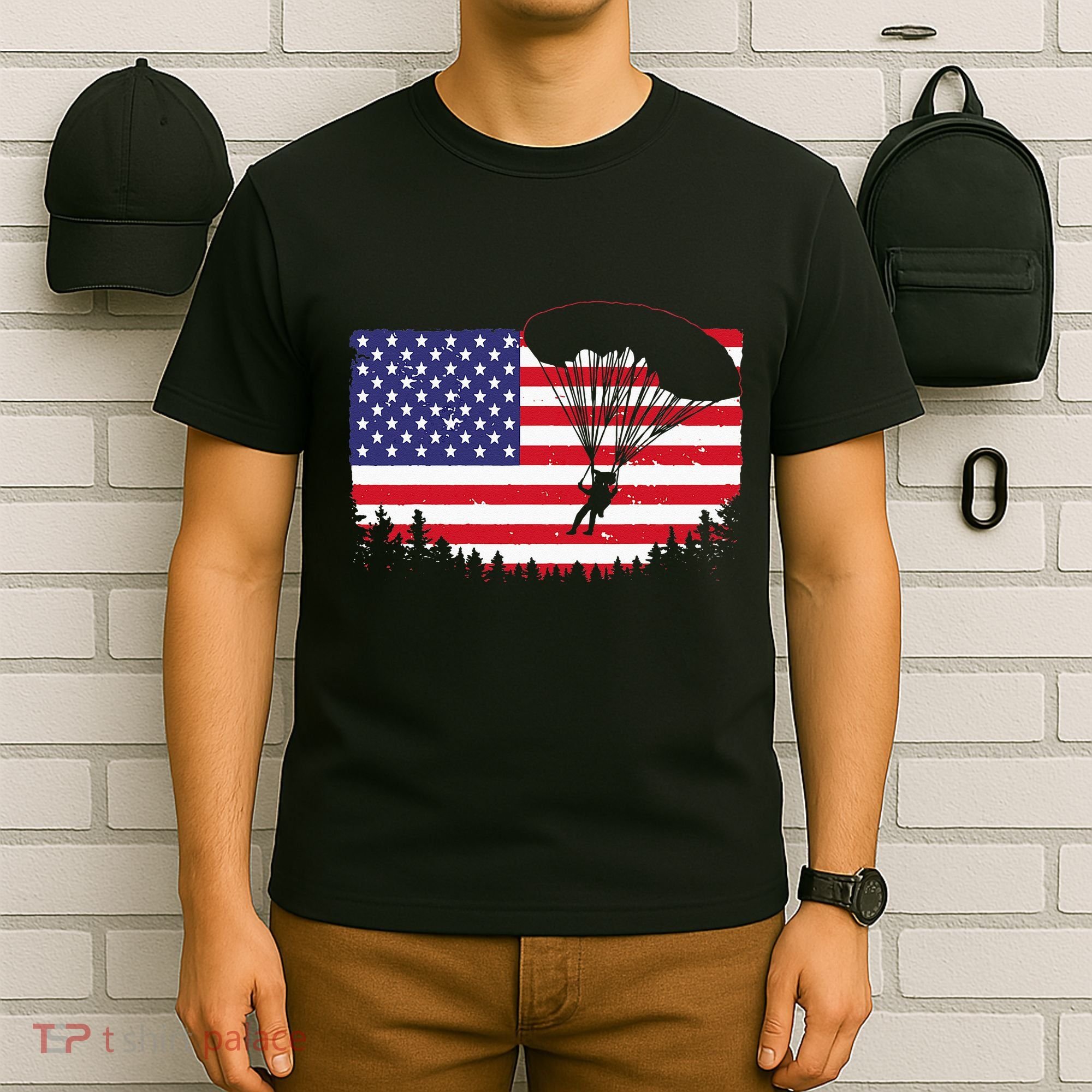 Cool Skydiving Art Wo Skydiver American Flag Skydive  T-Shirt