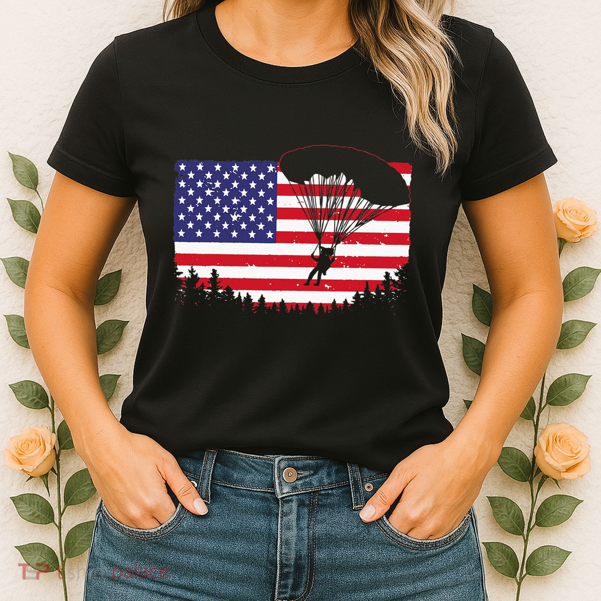 Cool Skydiving Art Wo Skydiver American Flag Skydive  Women's T-Shirt