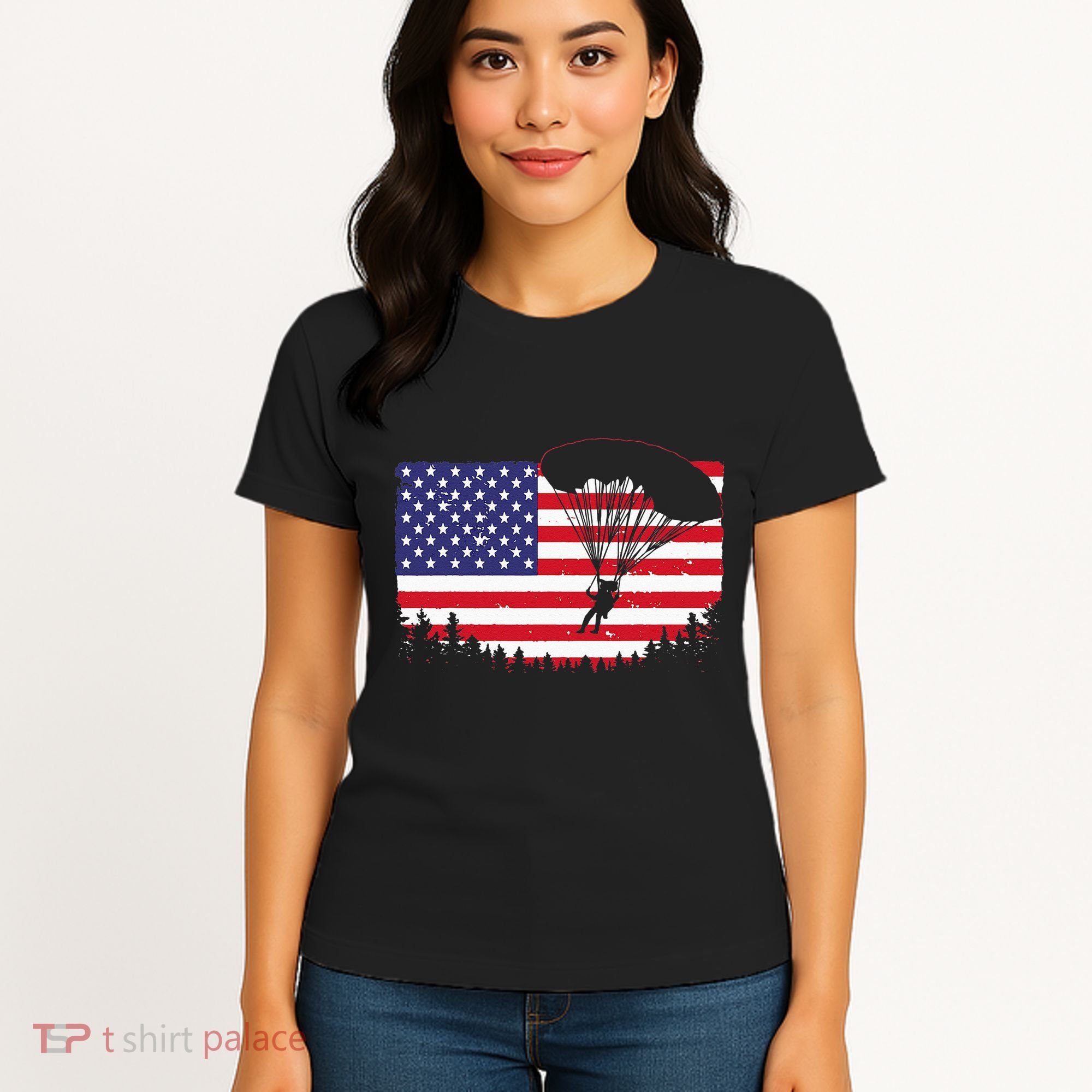 Cool Skydiving Art Wo Skydiver American Flag Skydive  Women's T-Shirt