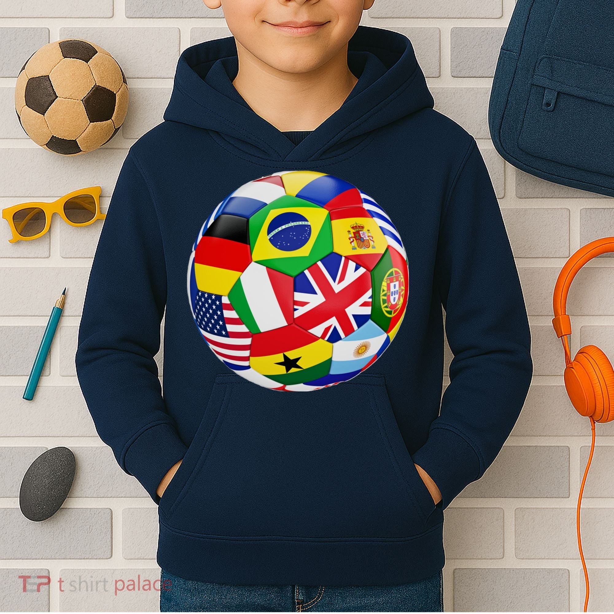 Cool Soccer Ball With World Flags Kids Hoodie
