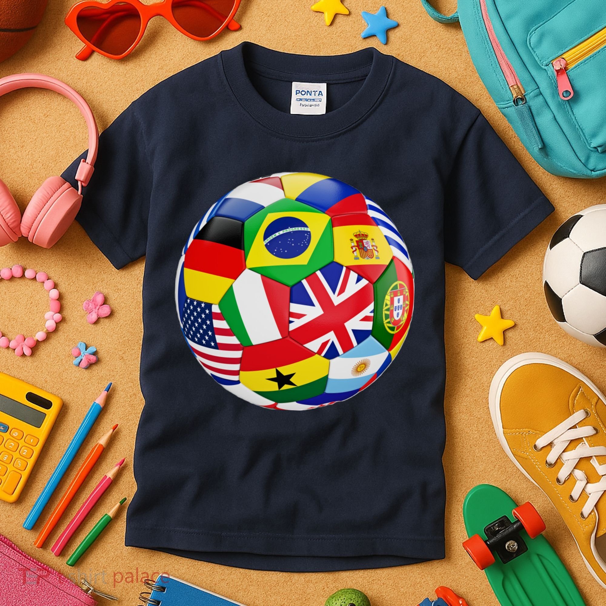 Cool Soccer Ball With World Flags Kids T-Shirt