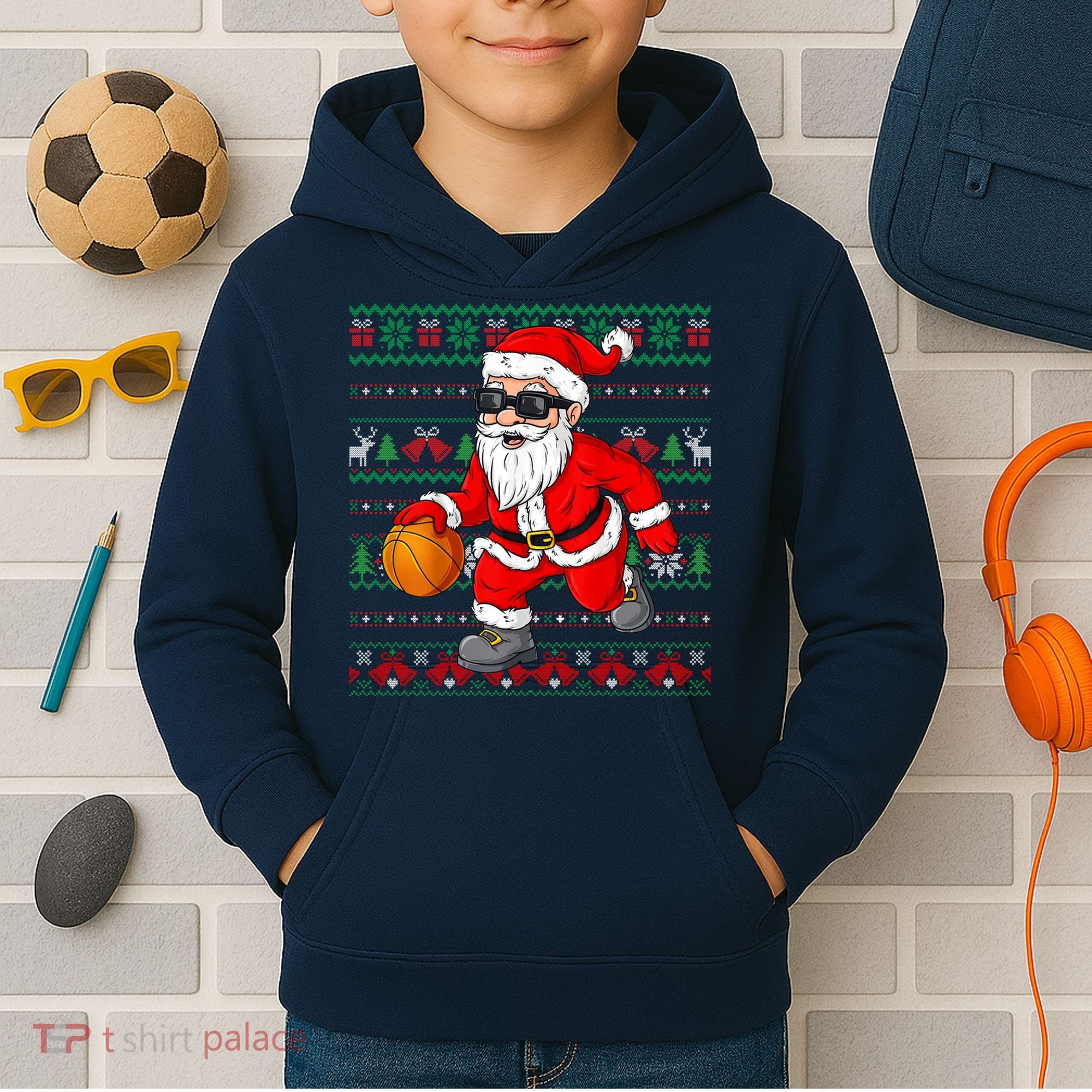 Christmas Santa Basketball Funny Sport Lover Ugly Xmas Kids Hoodie