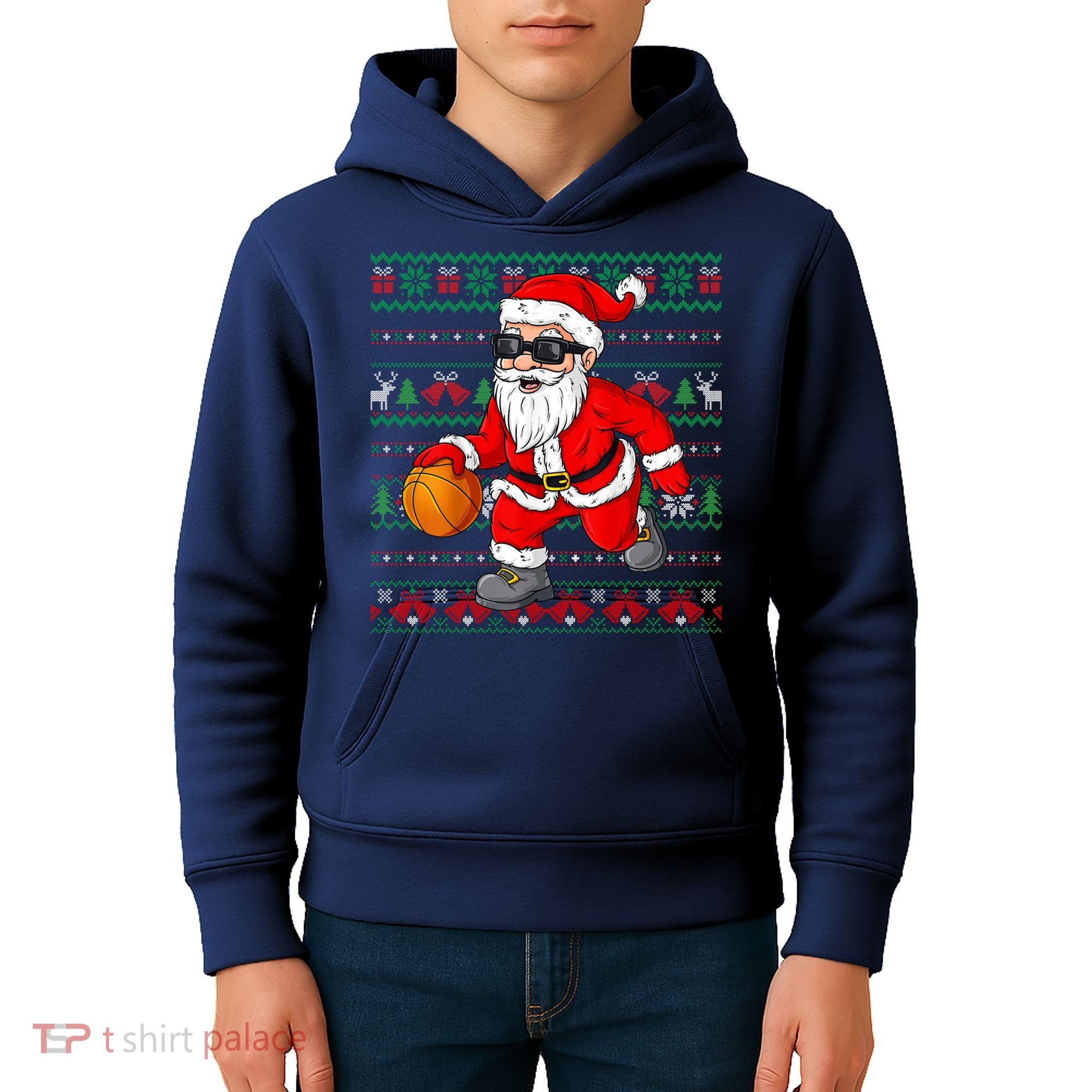 Christmas Santa Basketball Funny Sport Lover Ugly Xmas Kids Hoodie