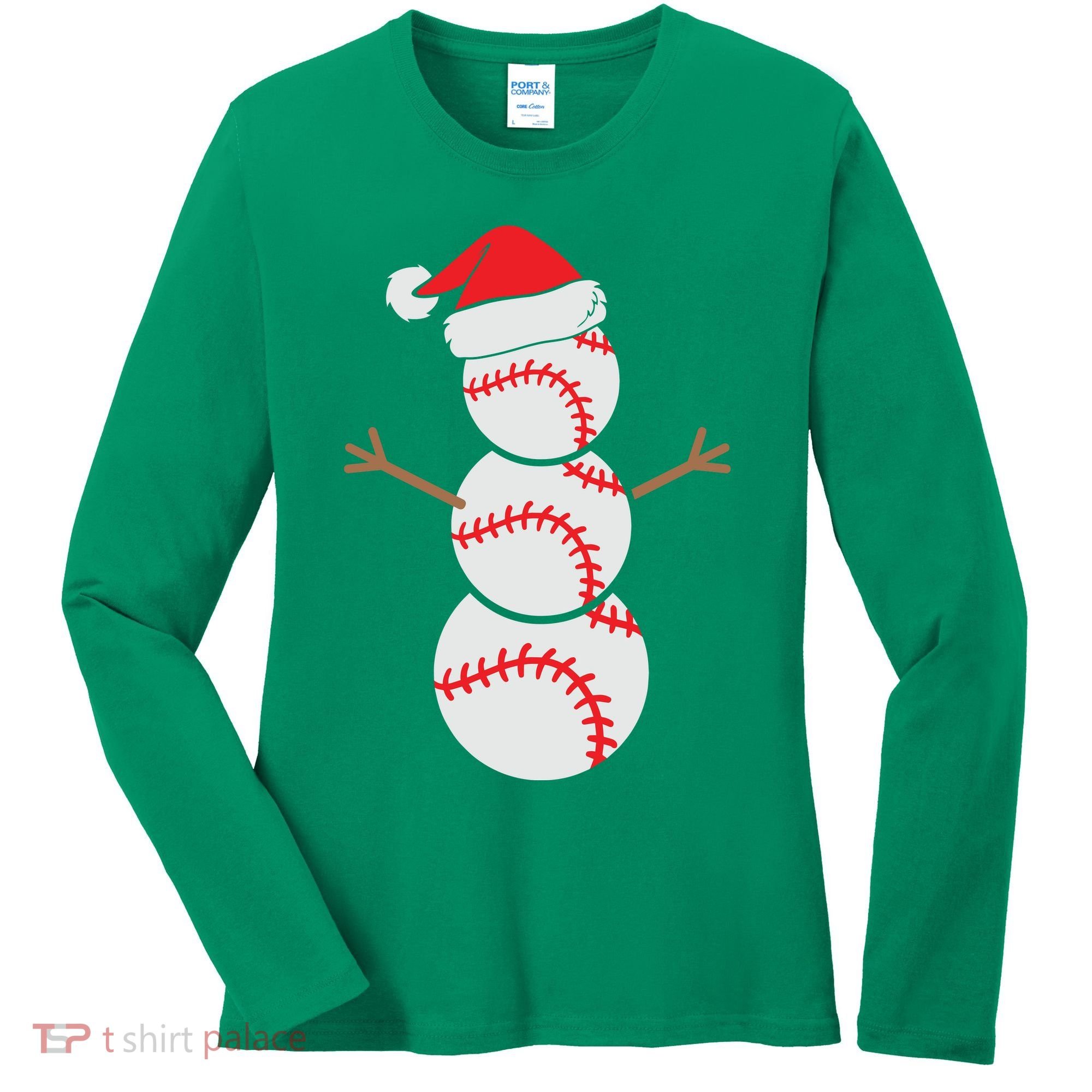 Christmas Snowman Baseball Santa Hat Xmas Women's Long Sleeve Shirt