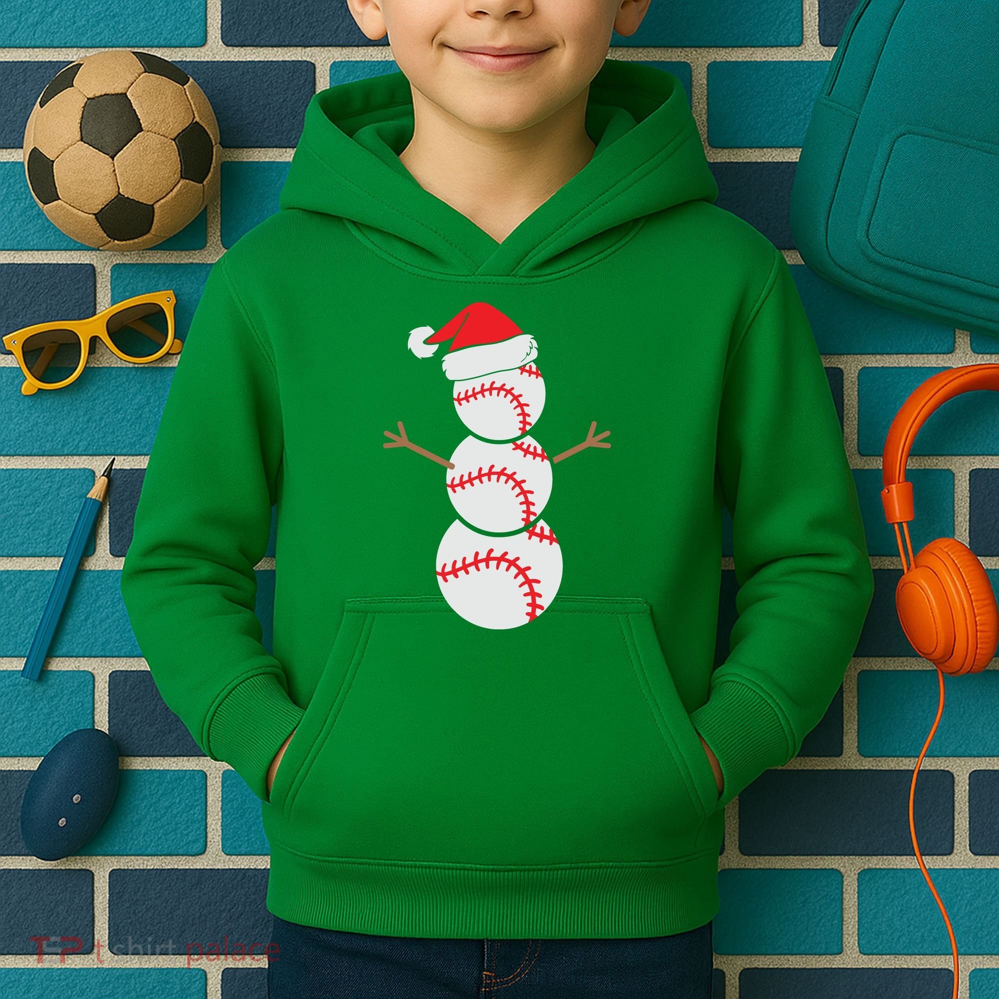 Christmas Snowman Baseball Santa Hat Xmas Kids Hoodie