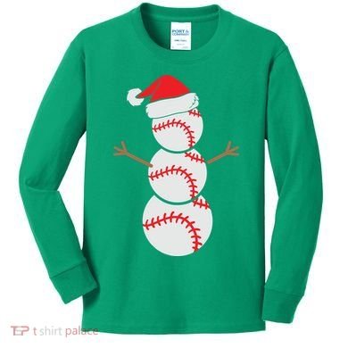 Christmas Snowman Baseball Santa Hat Xmas Kids Long Sleeve Shirt