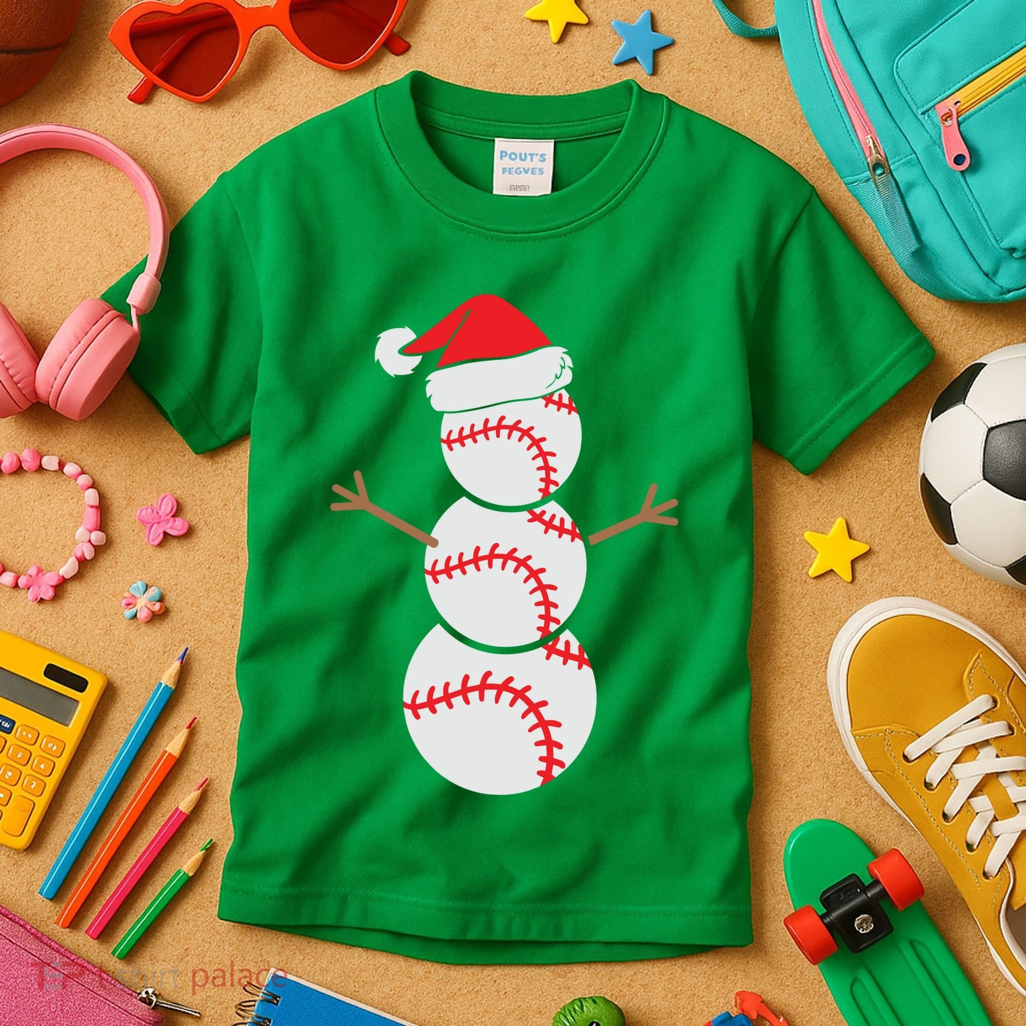 Christmas Snowman Baseball Santa Hat Xmas Kids T-Shirt