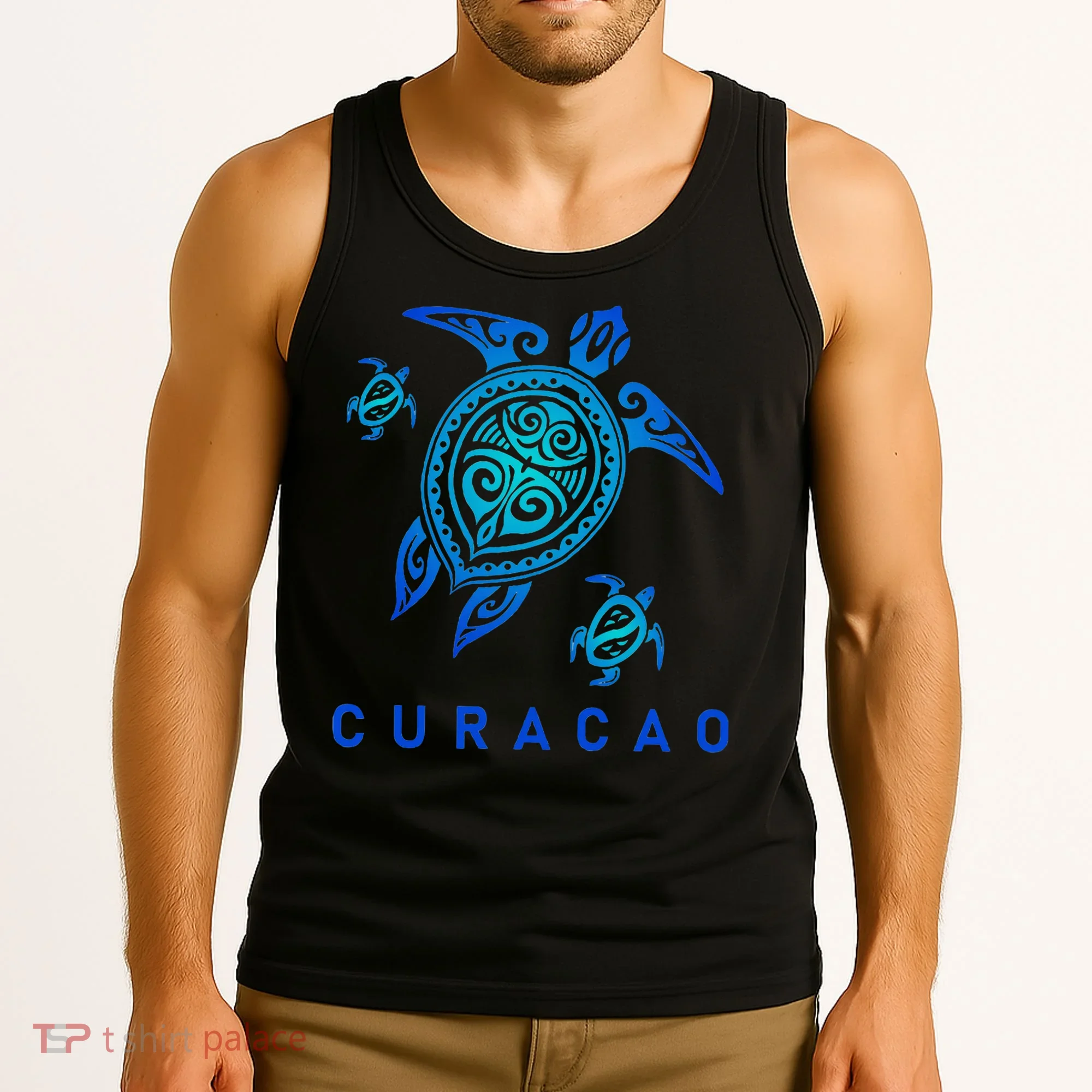 Curacao Sea Blue Tribal Turtle Tank Top