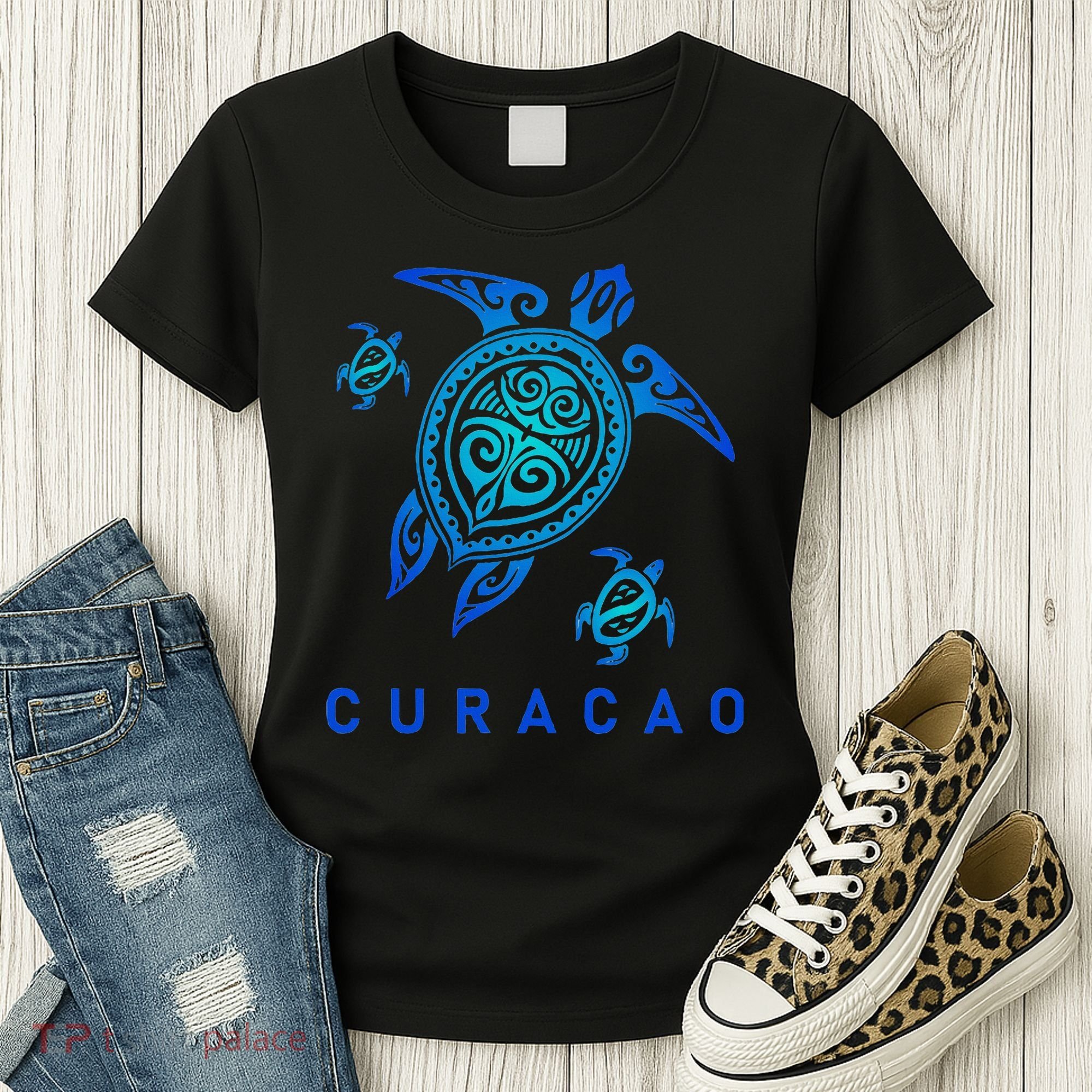 Curacao Sea Blue Tribal Turtle Women's T-Shirt