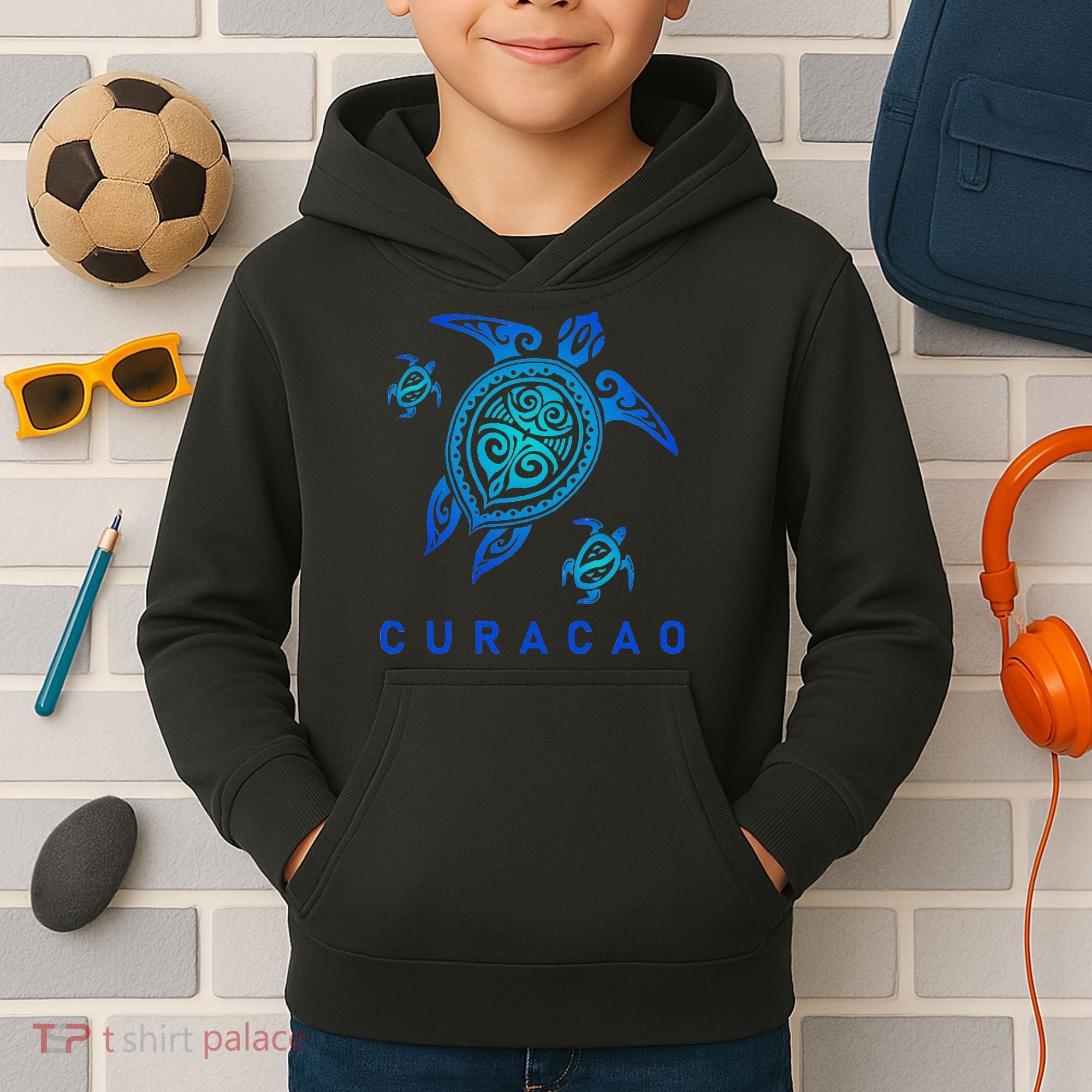 Curacao Sea Blue Tribal Turtle Kids Hoodie