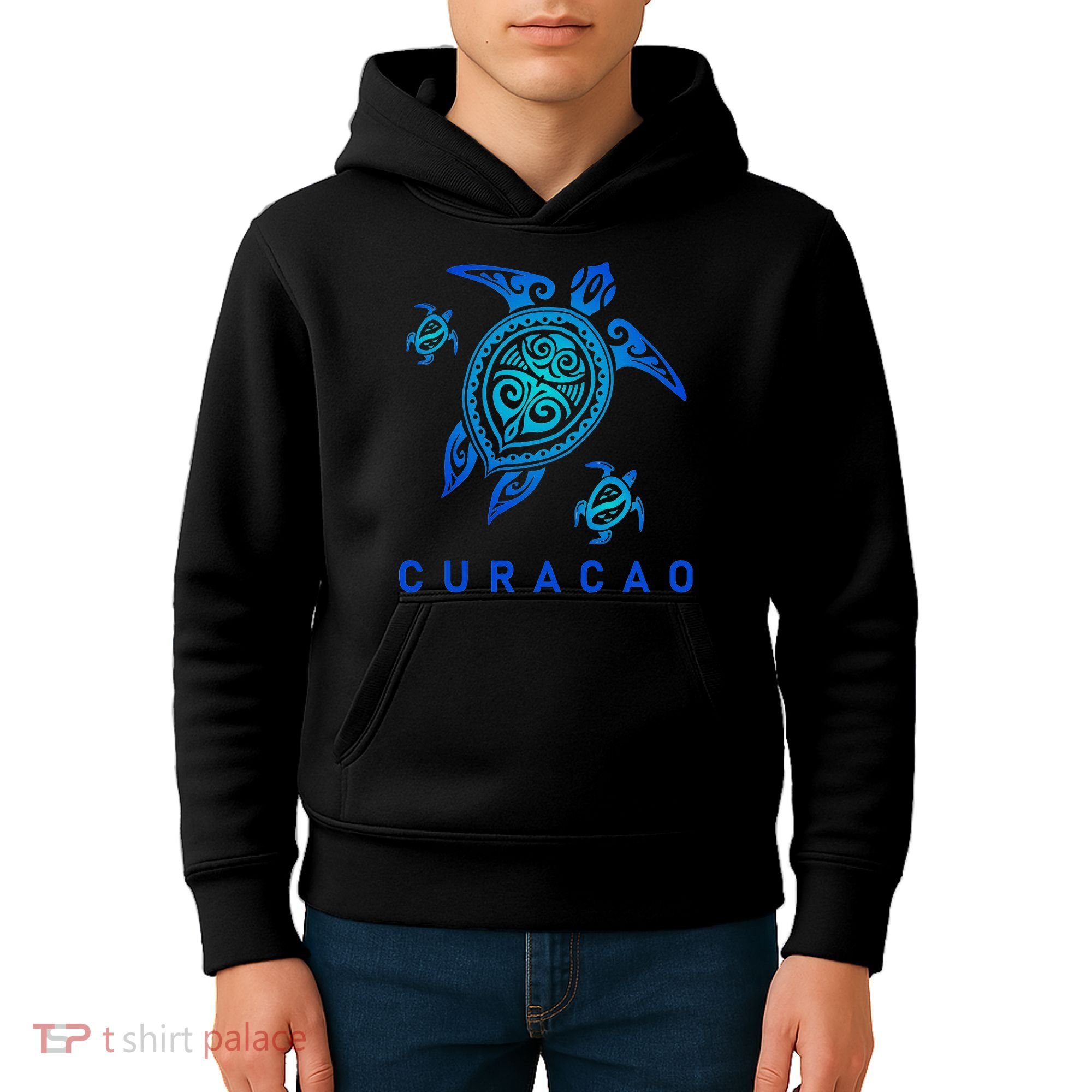 Curacao Sea Blue Tribal Turtle Kids Hoodie