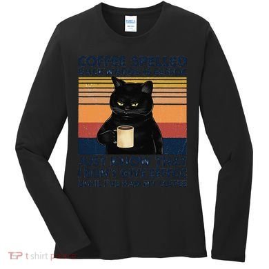 Coffee Spelled Backwards Is Eeffoc Cat Drinking Vintage Women's Long Sleeve Shirt