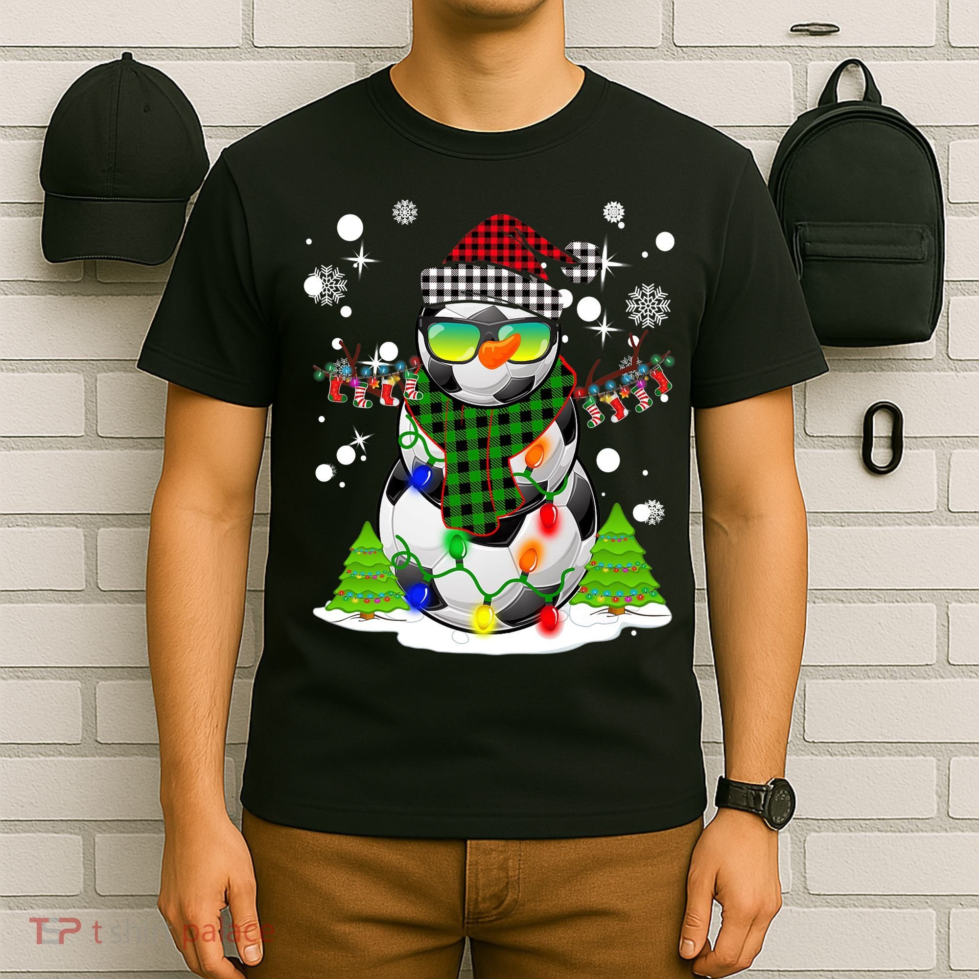 Christmas Soccer Ball Snowman Santa Hat Pajamas For Boys Premium T-Shirt