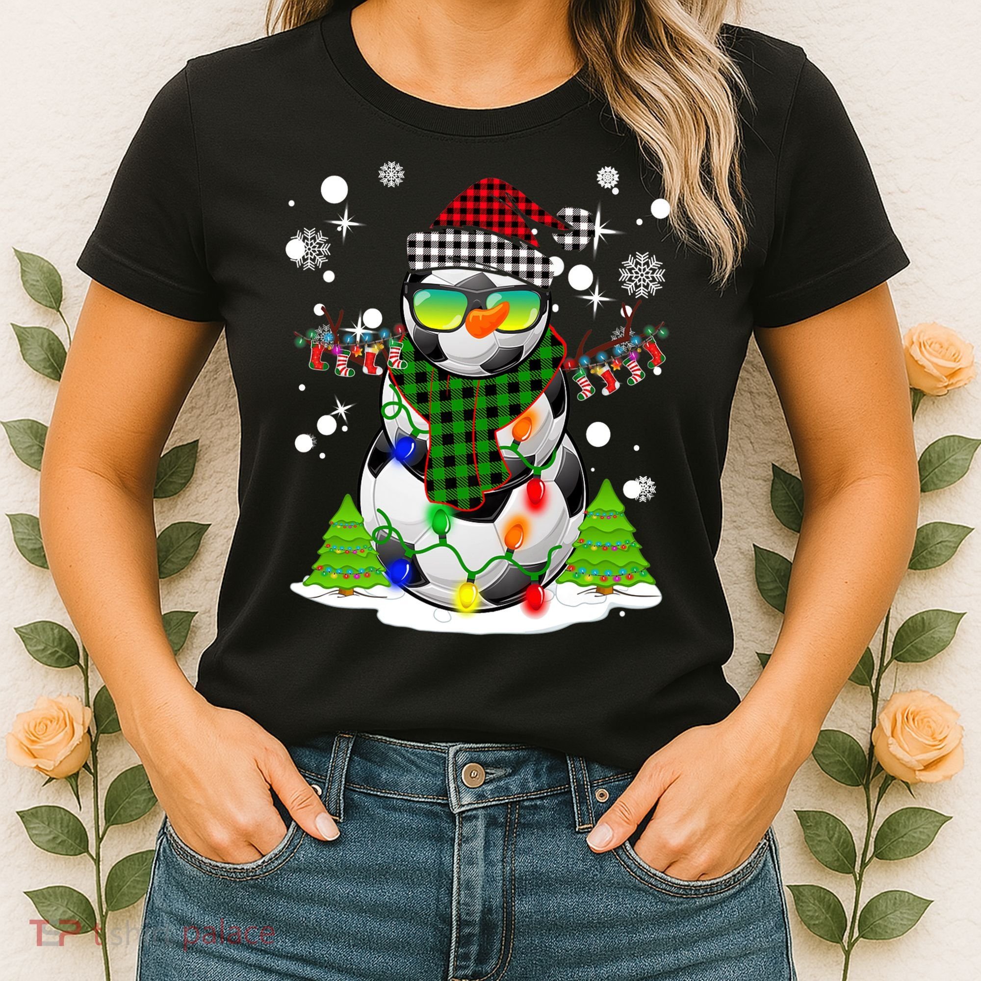 Christmas Soccer Ball Snowman Santa Hat Pajamas For Boys Premium Women's T-Shirt