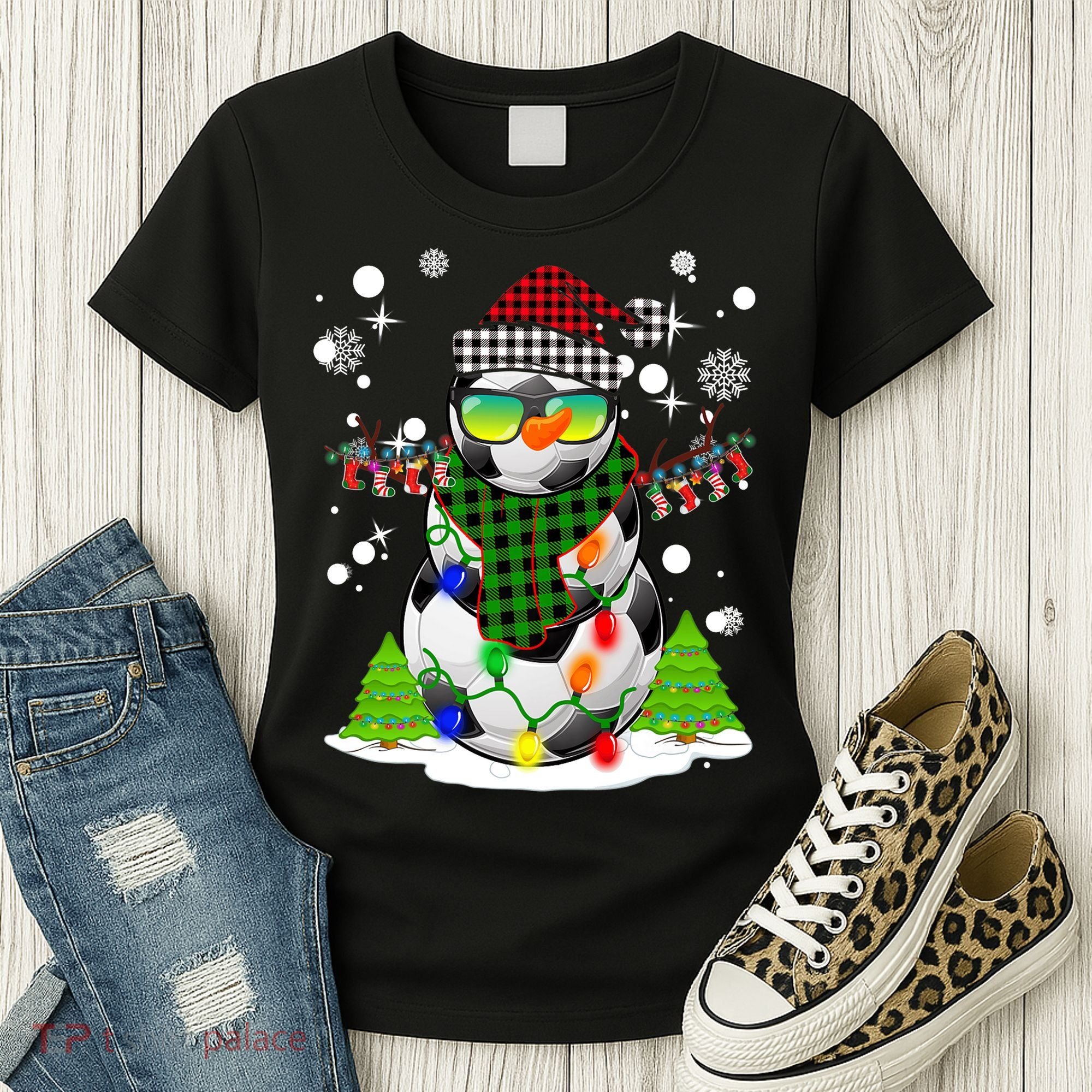 Christmas Soccer Ball Snowman Santa Hat Pajamas For Boys Premium Women's T-Shirt