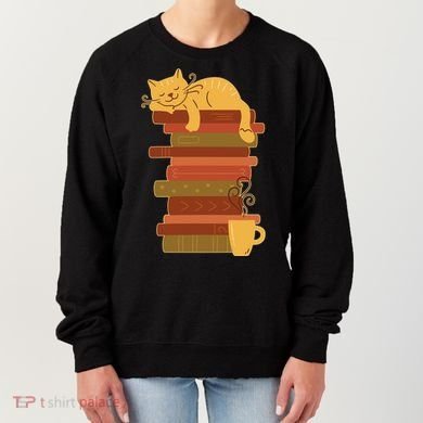 Cute Sleepy Cat On Book Stack And Coffee Tea Women's Sweatshirt