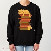 Cute Sleepy Cat On Book Stack And Coffee Tea Women's Sweatshirt thumb 0