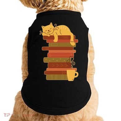 Cute Sleepy Cat On Book Stack And Coffee Tea Doggie Tank