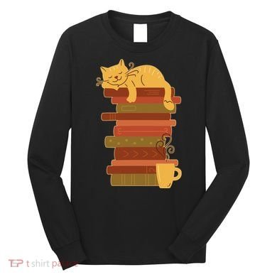Cute Sleepy Cat On Book Stack And Coffee Tea Long Sleeve Shirt