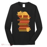 Cute Sleepy Cat On Book Stack And Coffee Tea Long Sleeve Shirt thumb 0