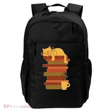 Cute Sleepy Cat On Book Stack And Coffee Tea Backpack