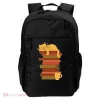 Cute Sleepy Cat On Book Stack And Coffee Tea Backpack thumb 0