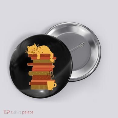 Cute Sleepy Cat On Book Stack And Coffee Tea Button